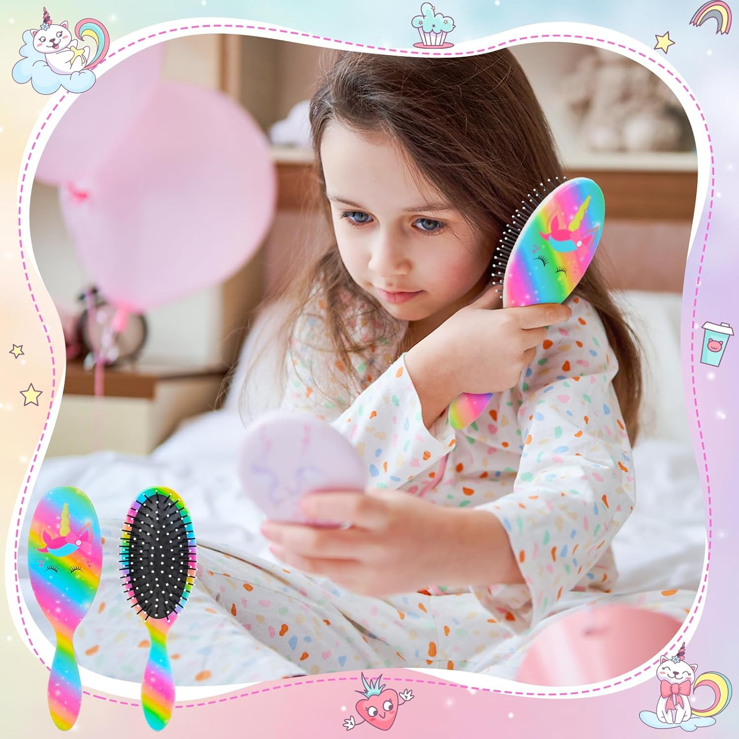 Girls Detangling Brush for Curly, Wet/Dry, Thick Hair - Pain-Free Brushing for Women (Rainbow Unicorn) image number 1