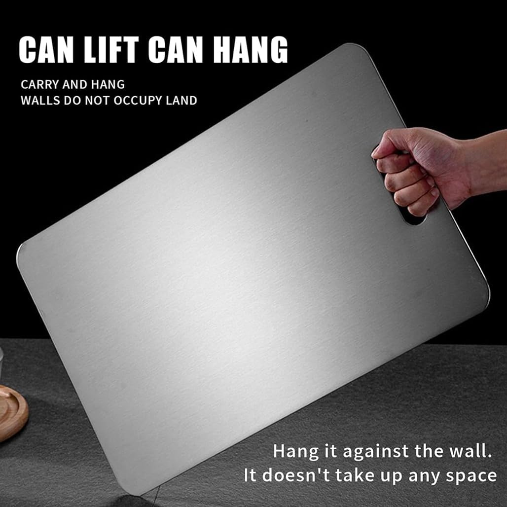 Goodern Titanium Cutting Board,Stainless Steel Double Sided Food-Grade Worktop Chopping Board with Hanging Hole,Non Stick Heavy Duty Metal Cutting Mat for Meat Vegetable Fruit Kitchen Home-L(28*39Cm) image number 2