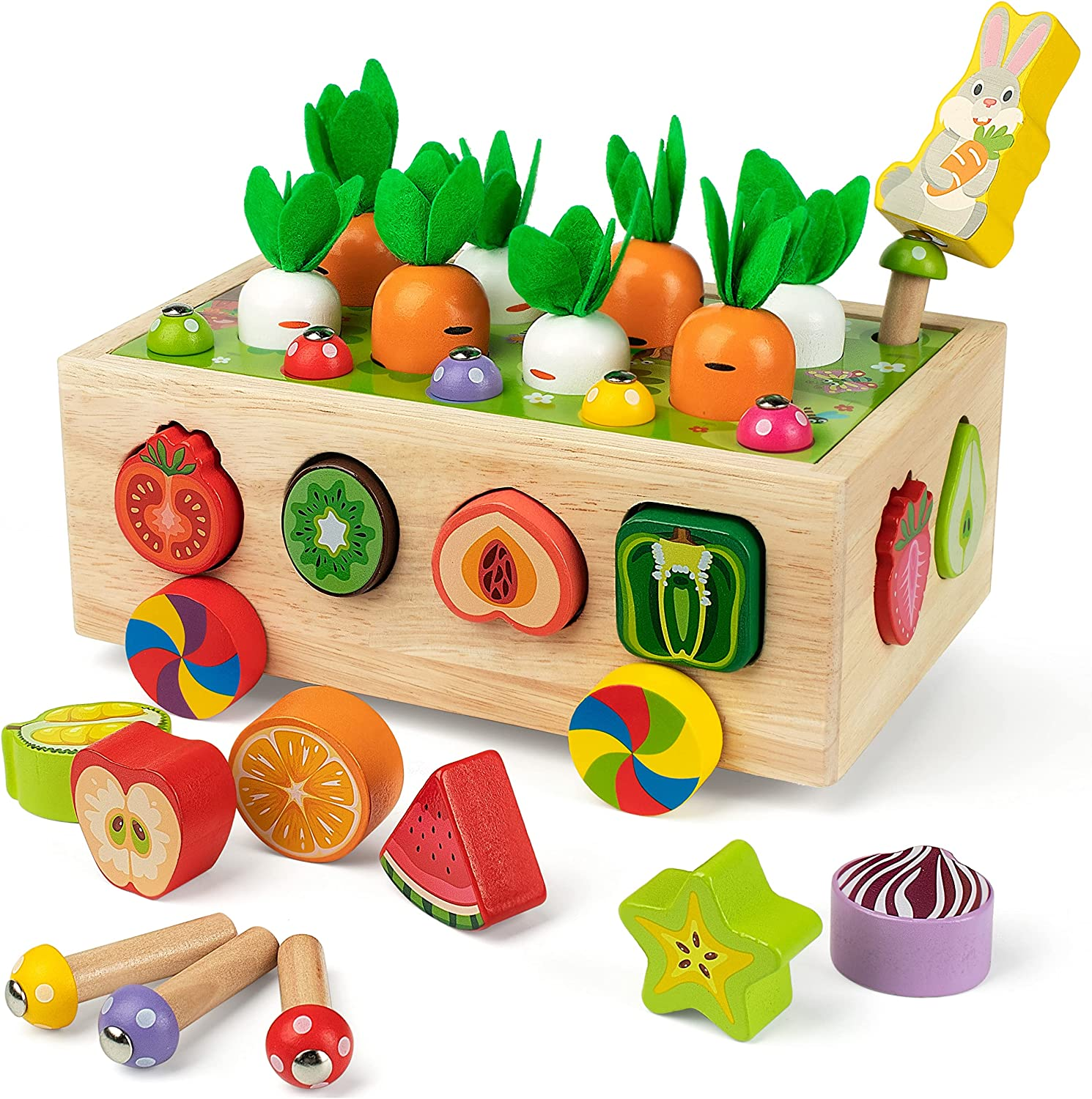 Coogam Montessori Fine Motor Toys for Baby Toddler, Wooden Shape Sorter Carrot Harvest Game, Preschool Learning Educational Gift Toy for 2 3 4 Year Old image number 1