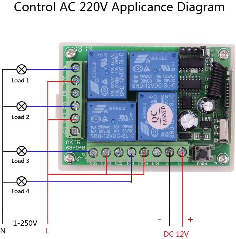 DC 12V 10A Relay Remote Control Switch, 433Mhz 4 CH Universal Remote Control Momentary Wireless Switch for Wireless Control and More image number 2