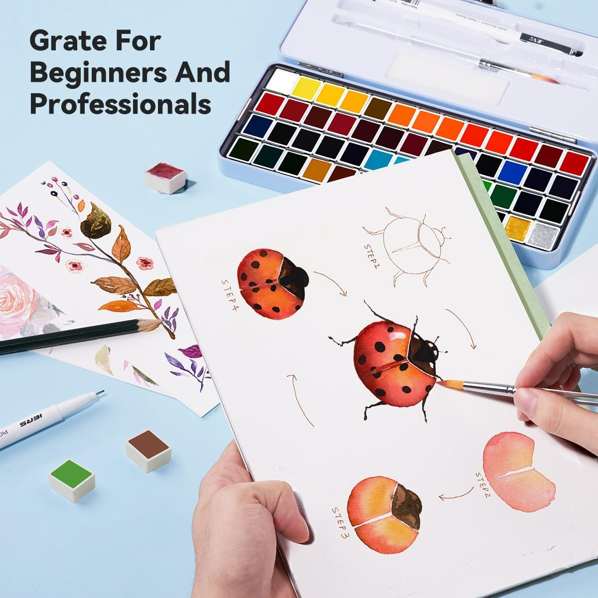 Meiliang Watercolor Paint Set 52 Colors in Half Pans with Drawing Pencil, Paint Brushes, 5 Watercolor Paper, Sponge, Black Drawing Pens, Art Supplies for Adults Travel Watercolor & Blue Box image number 4