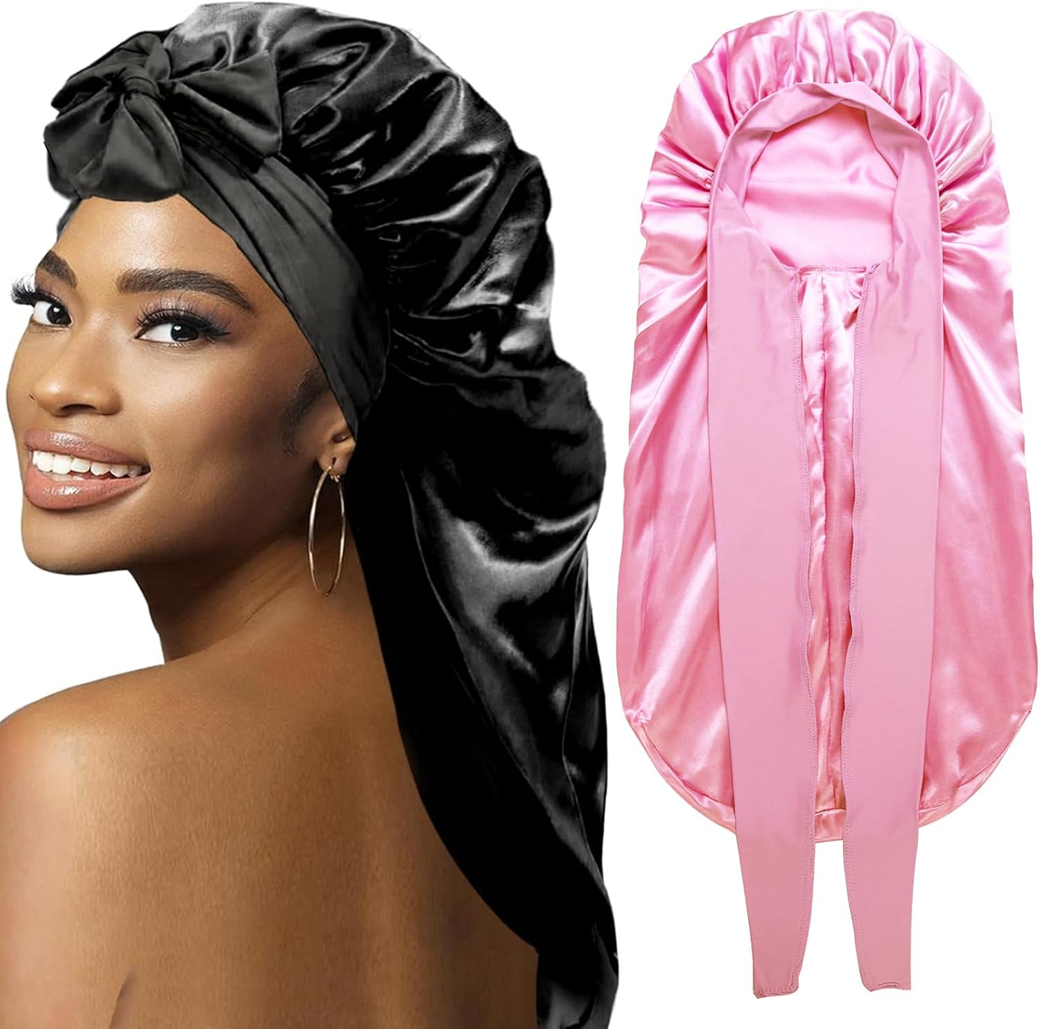 Bonnets for Black Women Braid Bonnet, Large Long Satin Bonnet for Braids, Silk Bonnet with Stretchy Tie Band Sleep Cap Hair