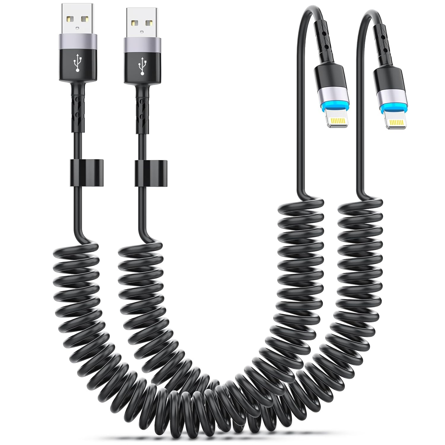 Coiled USB Lightning Cable for Apple Carplay 2 Pack Iphone Cord [Apple Mfi Certified], Short 1M USB to Lightning Charging Retractable Iphone Charger Cord for Iphone 14/13/12/11, Ipad, Airpods image number 5