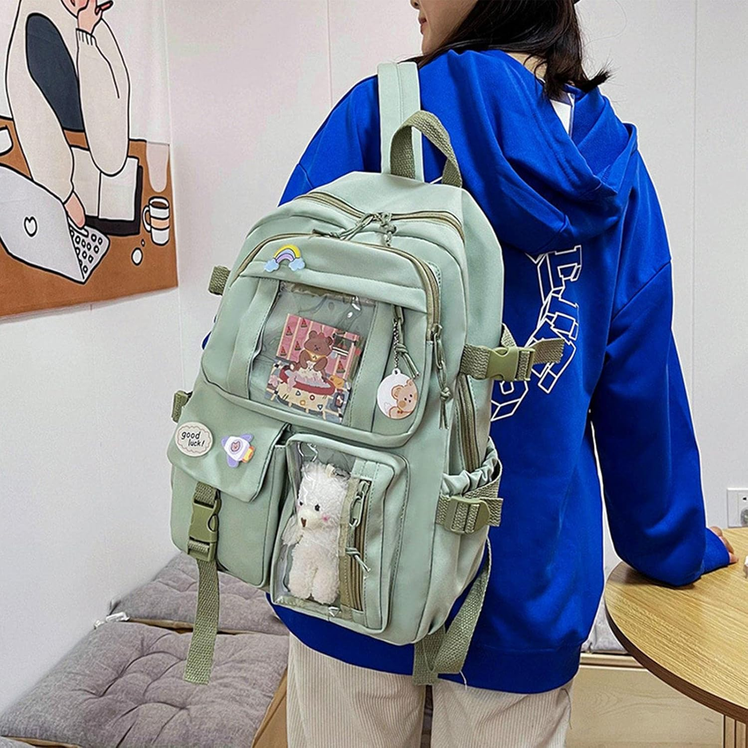 Backpack with Cute Pin & Plush Bear Accessories, Cute School Backpack Pastel Aesthetic Backpack for Girls - Beige image number 4
