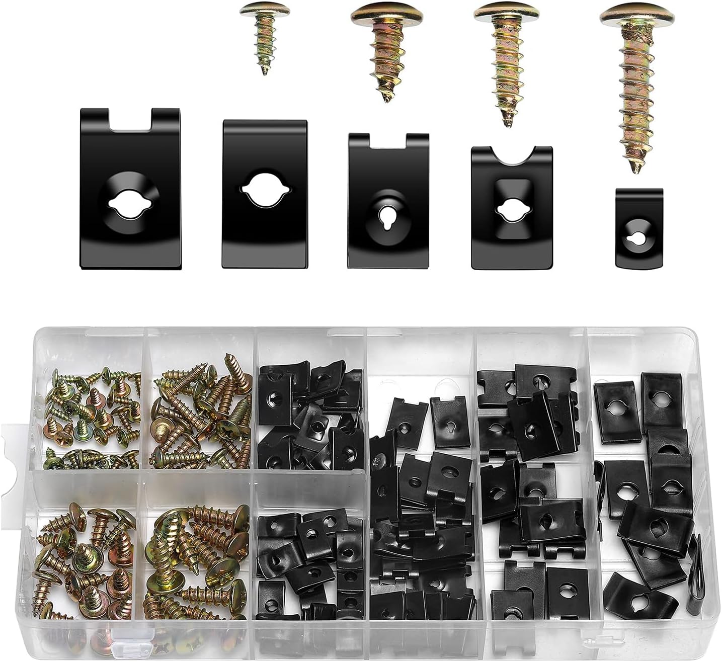 Funcyboo 170 Pcs U-Clip and Screw Assortment Kit, 9 Sizes U Type Clips and Nuts Auto Car U-Clip Universal Bumper Cover Screws for Dash Door Bumper Panel Interior