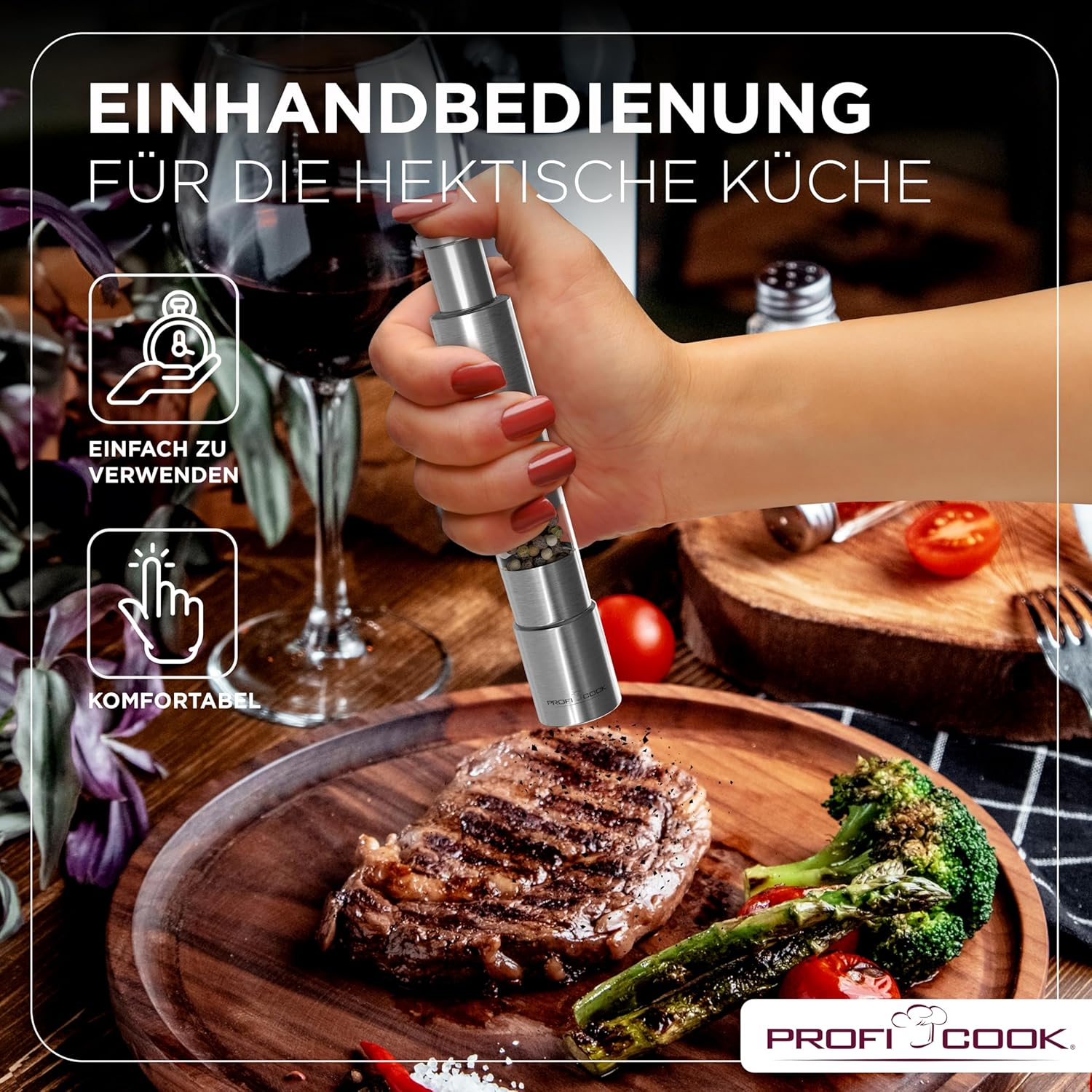 Proficook&reg; Salt and Pepper Shakers, Pepper Mill, Salt and Pepper Mill, Set of 2, Stainless Steel Salt Shaker, Robust Grinder, One-Hand Operation, 100% Mechanical, Spice Mill PC PSM 1160 image number 3