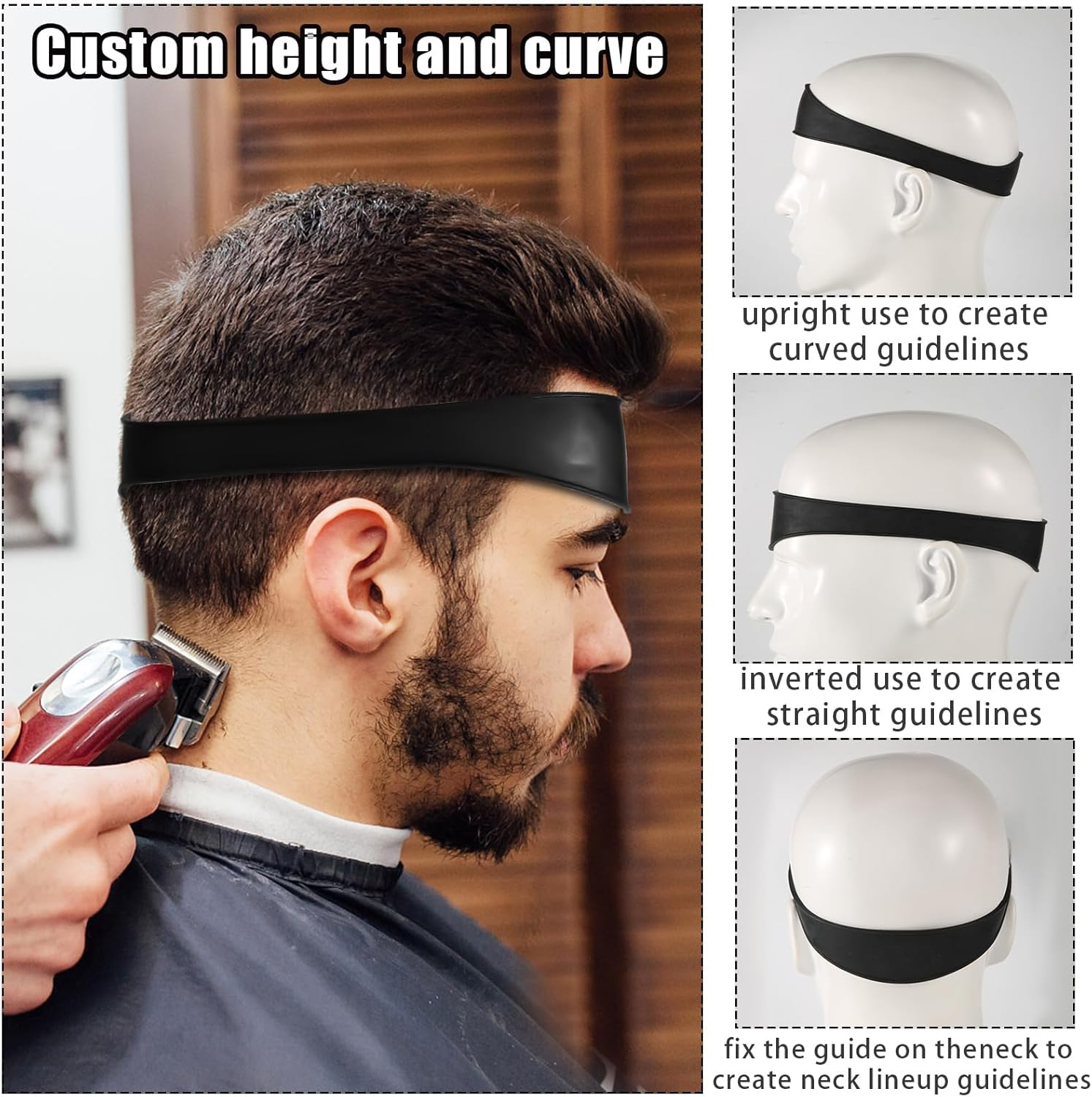 PEUTIER Hair Trimming Guide Men, Black Hair Cut Guides Fade Cutting Tool with 2 Hair Bands Adjustable Neckline Shaving Template for Home Use Barber Shops Hair Salons Makeup Rooms