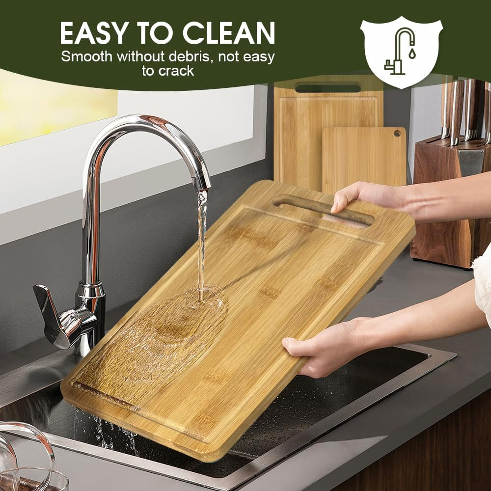 Chamgeco 3-Piece Reversible Bamboo Cutting Boards, Wooden Chopping Boards Set for Meat Vegetables Cheese, Chopping Mats Serving Tray with Juice Grooves & Handles Perfect for Meal Prep, Charcuterie image number 6