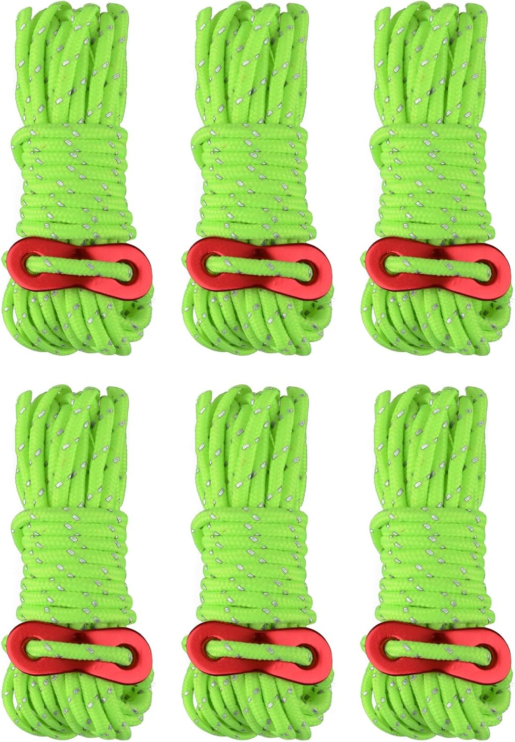 TRIWONDER Reflective Nylon Cord with Rope Adjusters, Tent Guyline Paracord Camping Rope for Tent, Tarp, Outdoor Packaging, Green - 6 Pack