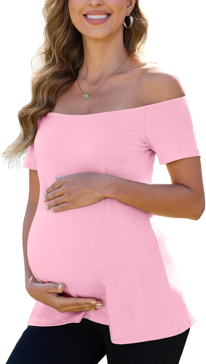 Women'S off the Shoulder Maternity Tops 2025 Trendy Summer Short Sleeve T Shirts Slim Pregnancy Shirts image number 6