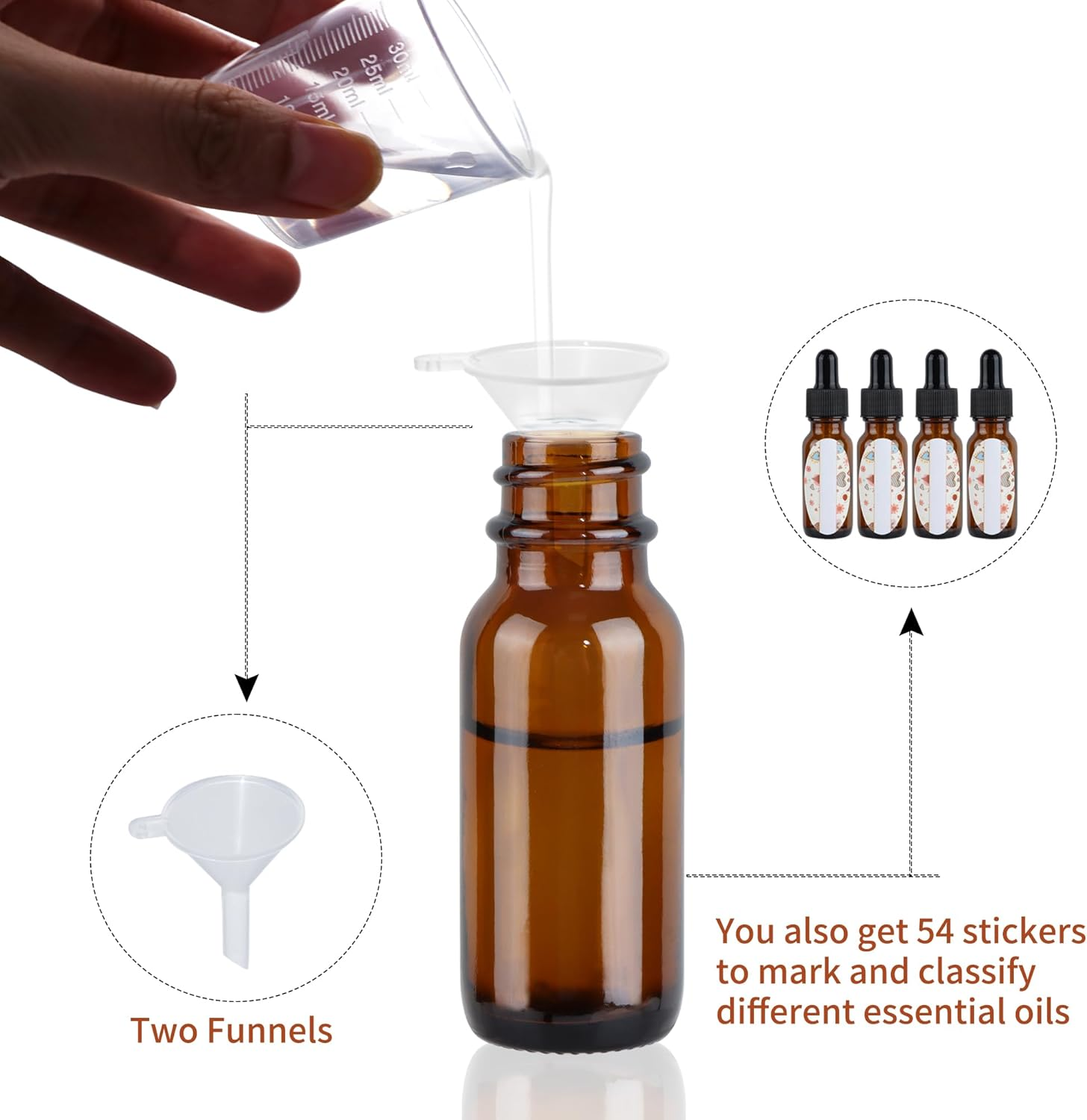 HWASHIN 48 Pack 1/2 Oz (15Ml) Amber Glass Bottles with Glass Eye Droppers for Essential Oils, Perfumes & Lab Chemicals (Brush, Funnels, 2 Extra Droppers, Labels & Measuring Cup Included) image number 4