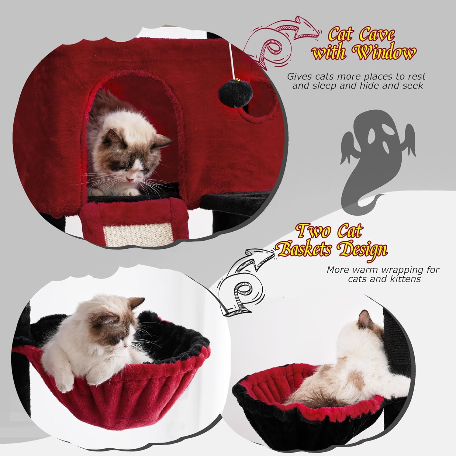 Hey-Brother Gothic Cat Tree, 98.4-110.2 Inches Floor to Ceiling Cat Tree-Adjustable Height, Tall Cat Climbing Tower for Cats Large Adult with Scratching Post, Cat Cando, Black and Red 0MPJ091BR