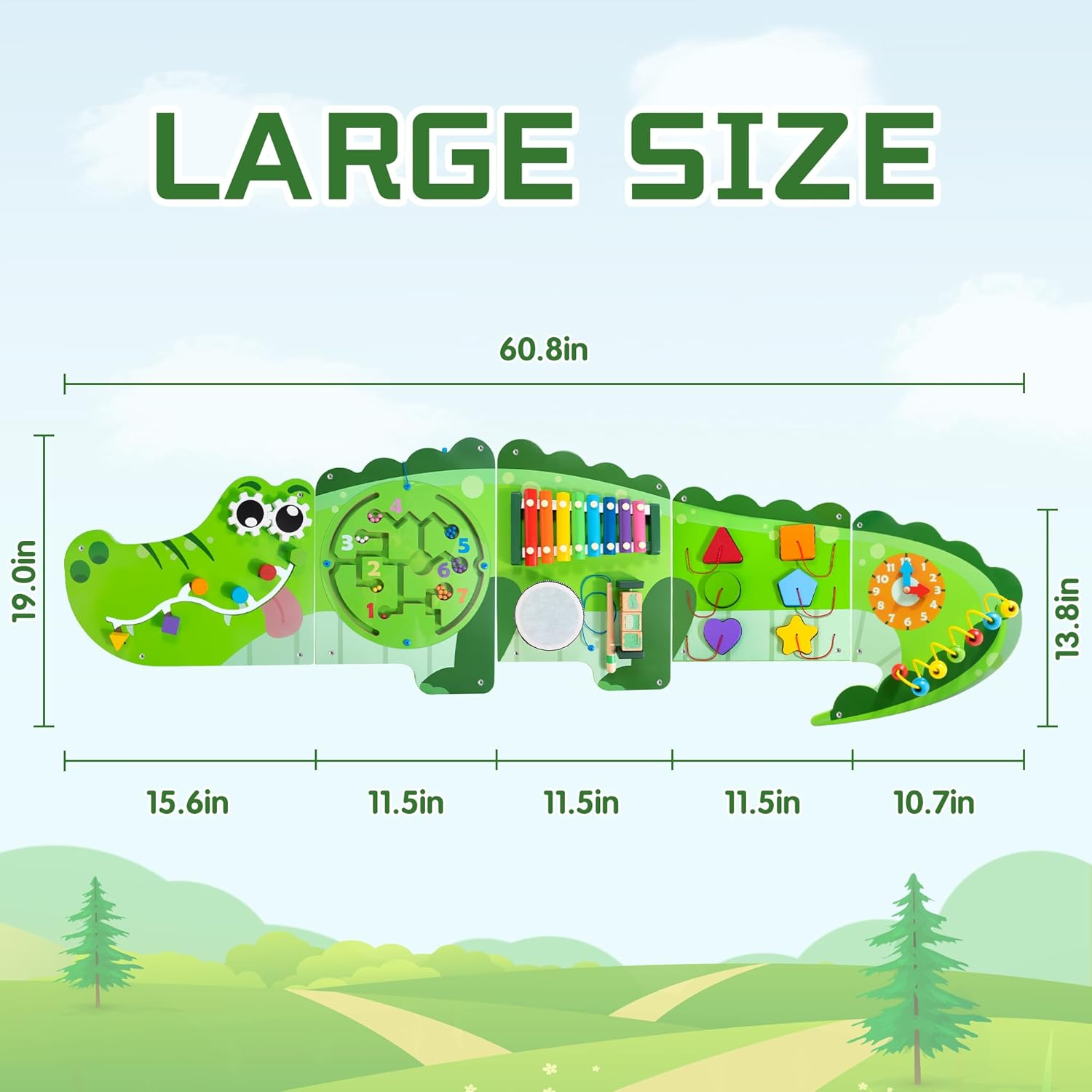 Crocodile Activity Wall Panels, 9-In-1 Crocodile Busy Board Wooden Montessori Educational Sensory Board Playroom Toys Daycare Learning Toy for Girls & Boys