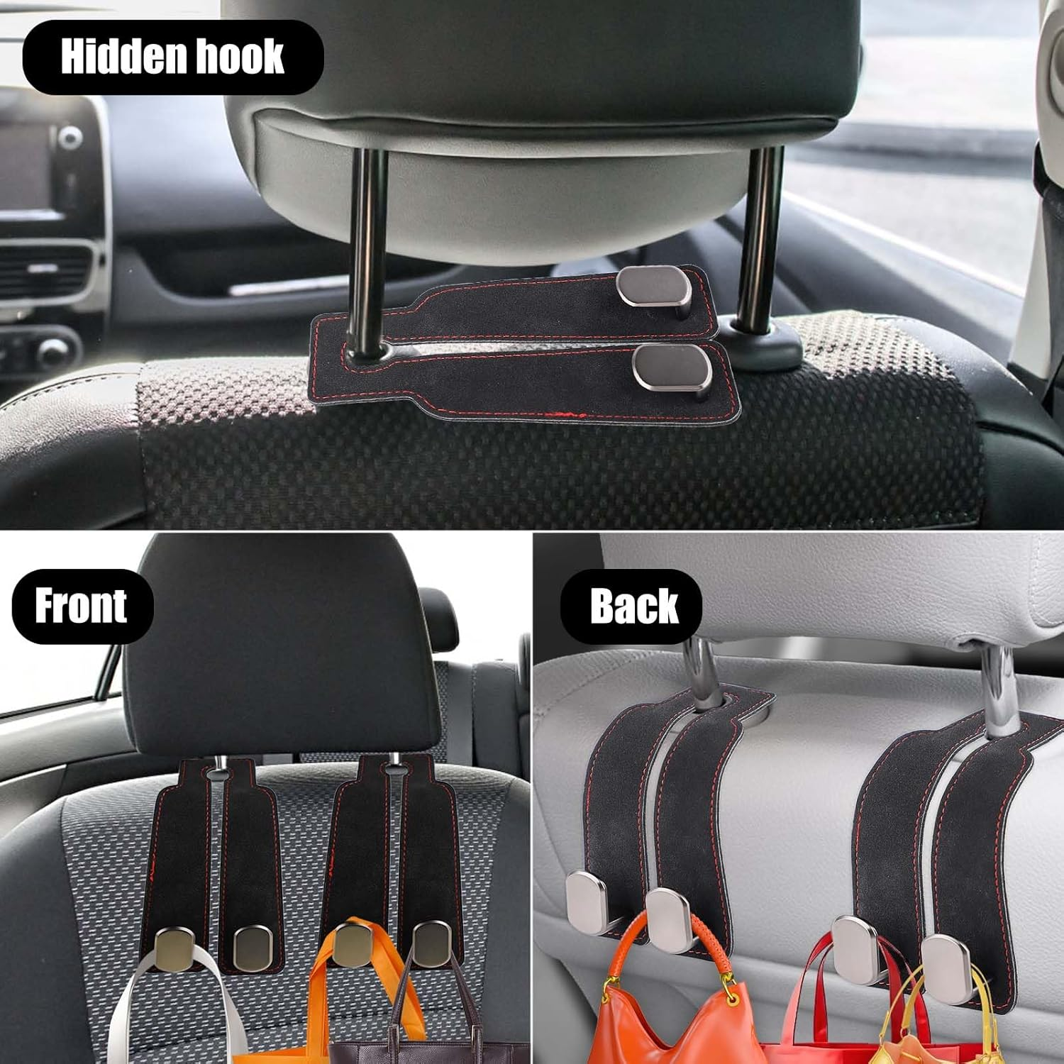 PEUTIER 2Pcs Car Headrest Hooks, Suede & Oxford Cloth with Galvanized Metal, Minimalist Car Seat Organizer Hooks for Purse, Umbrellas, Bags (Black) - Grey image number 4