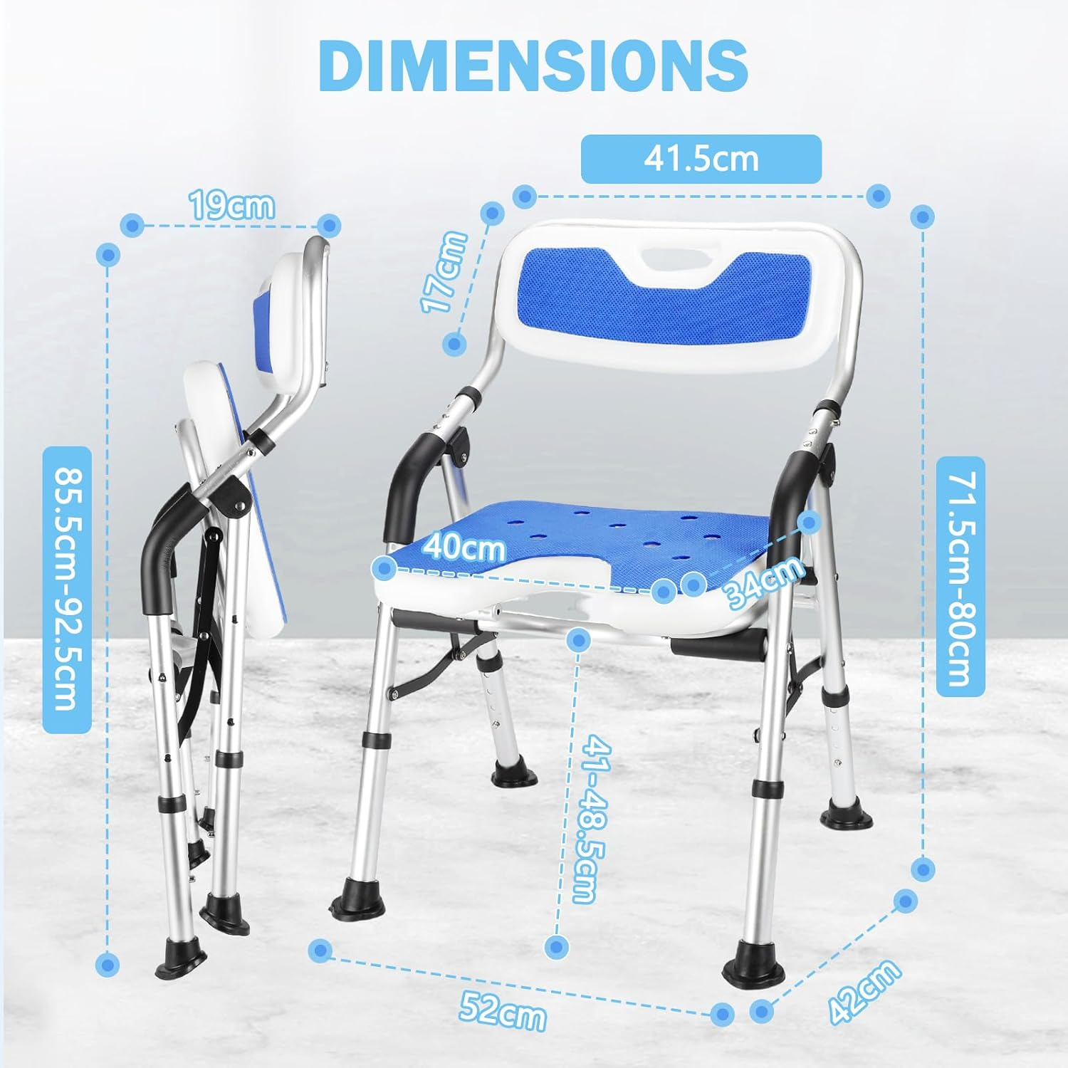 Shower Chair Adjustable U-Shaped Bath Chair Aluminum Alloy Frame Shower Stool with Back & Armrests for Elderly Disabled Bathroom, Hold up to 150 KG image number 5