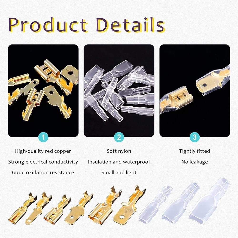 1000Pcs Insulated Spade & Bullet Connectors Set; 2.8Mm 3.5Mm 3.9Mm 4.8Mm 6.3Mm Male and Female Terminals and Insulation Sleeve Kit Copper Electrical Wire Wrap Crimp Splice with Nylon Sleeves &hellip; image number 3