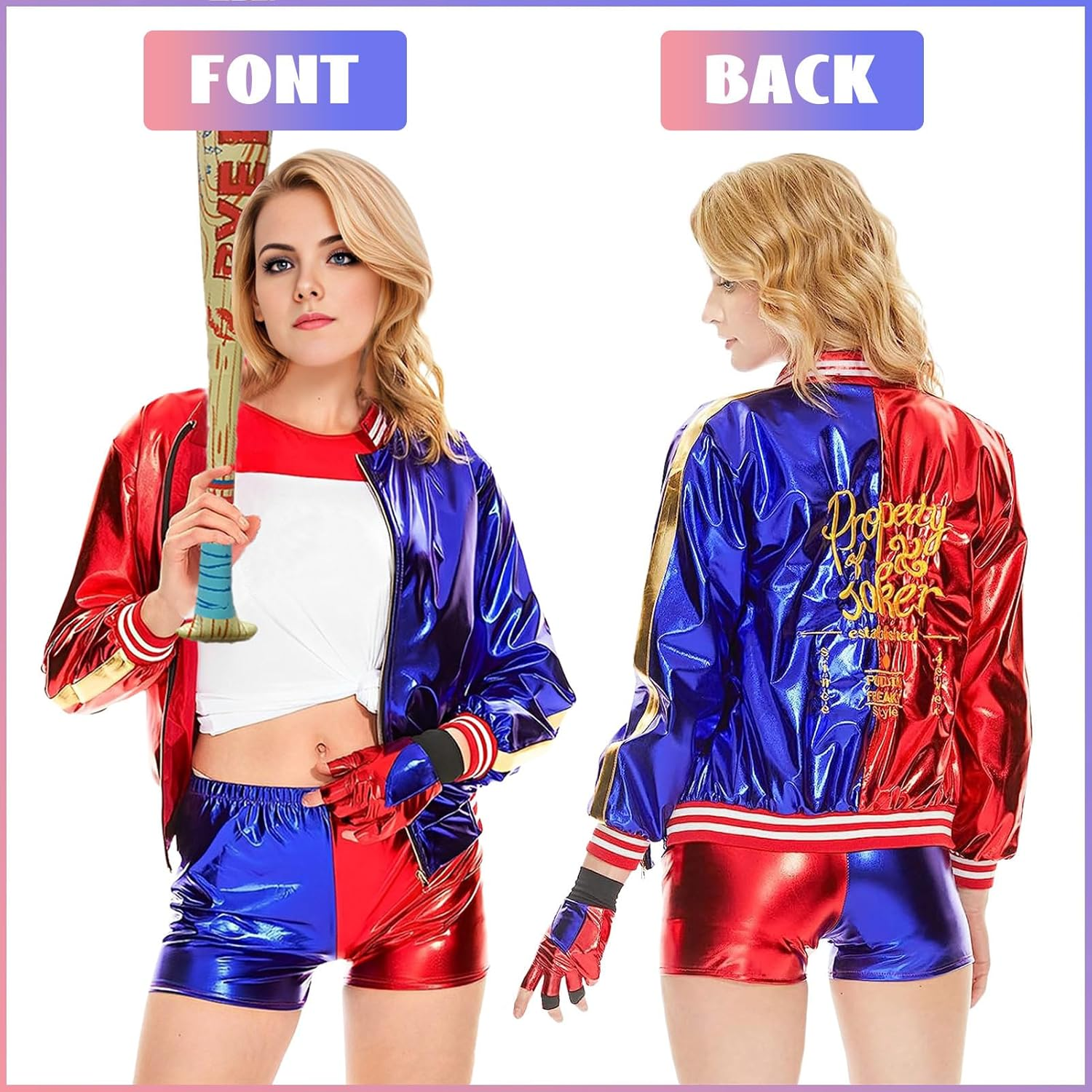 Halloween Cosplay Costumes for Women,Womens Super Villain Fancy Dress for Halloween Jacket Shorts T-Shirt Glove Collar 2 Wigs PVC Inflatable Stickers 2 Stickers for Various Costume Parties