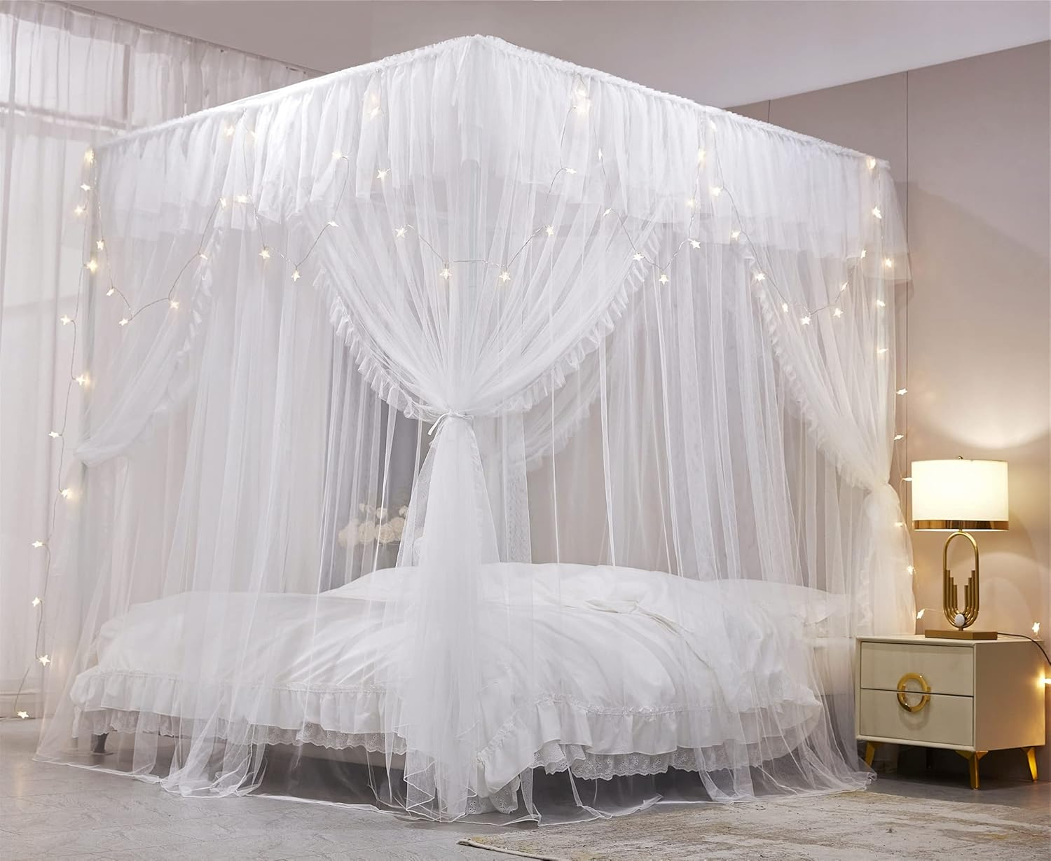 VETHIN 4 Corners Post Ruffle Princess Bed Canopy Curtain-Double Layer Cozy Drape Netting 4 Opening Mosquito Net for Girls Adults Bedroom Decoration (White/White, 59" W*82" L*82"*H/(Queen)) image number 2