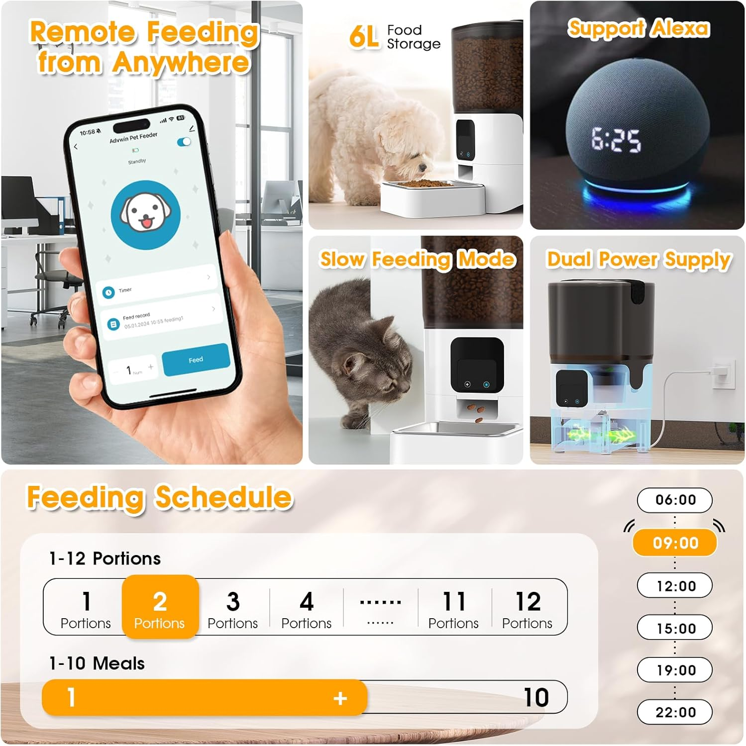 ADVWIN Automatic Cat Feeders Wifi, Cat/Dog Food Dispenser with App Control for Feeding, Smart Timed Pet Feeder with Alexa, 6L Auto Pet Feeder for Cat and Small Dog, up to 10 Meals per Day - App W/Camera image number 4