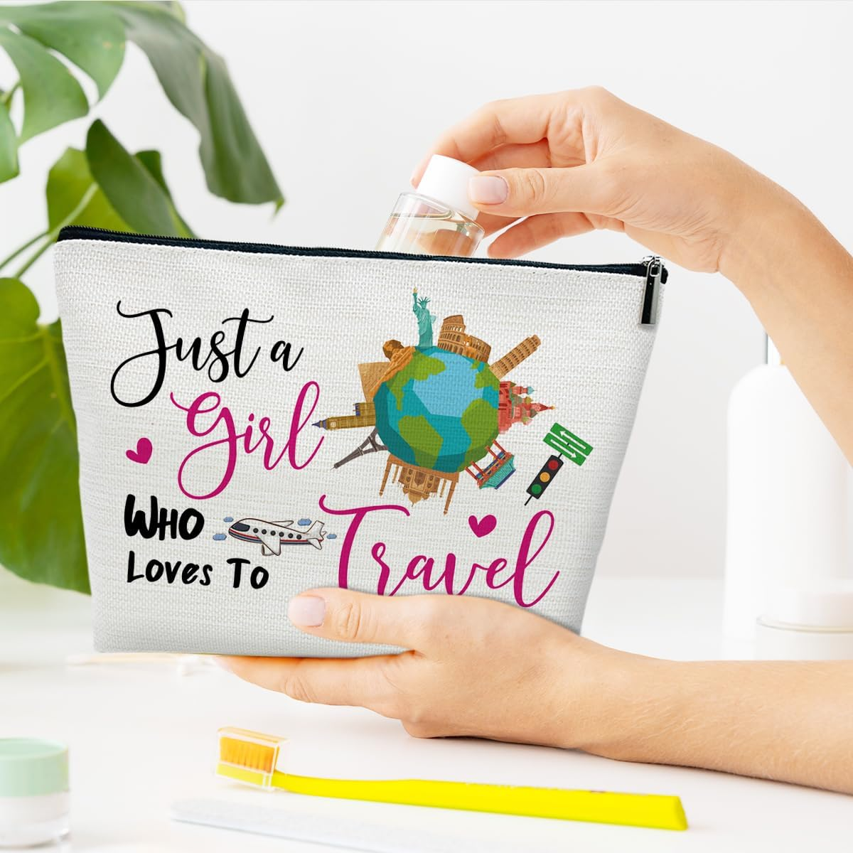 Ythuil Just a Girl Who Loves to Travel Makeup Bag, Travel Gifts for Women Female Her Girlfriend Best Friend Lover, Girls Trip Gifts Favors, Small Cosmetic Bag for Purse, Colorful image number 2