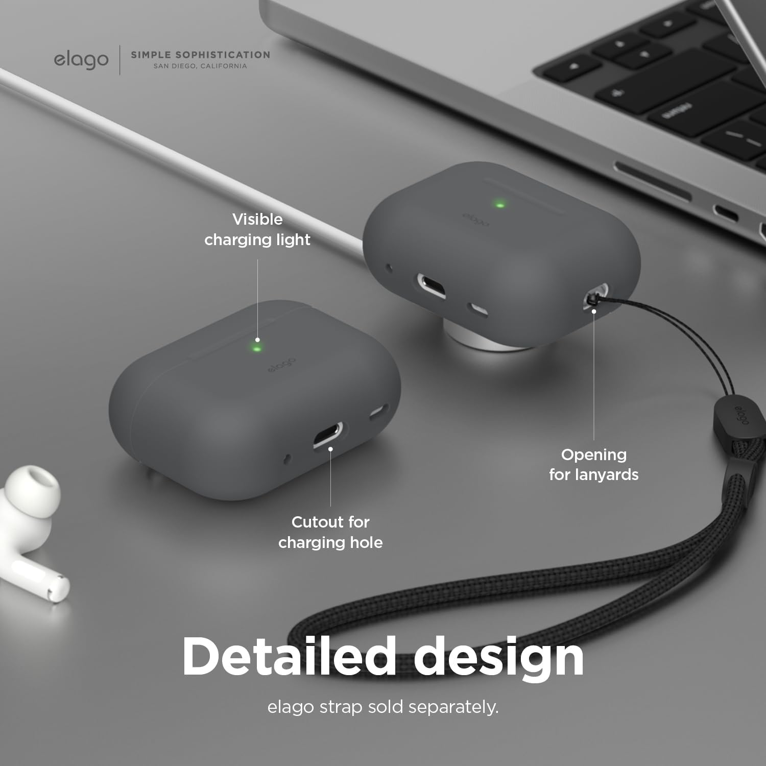 Elago Silicone Case Compatible with Apple Airpods Pro 2Nd Generation Case (2022), Protective Cover, Front LED Visible, Supports Wireless Charging (Dark Grey) - Dark Grey image number 3
