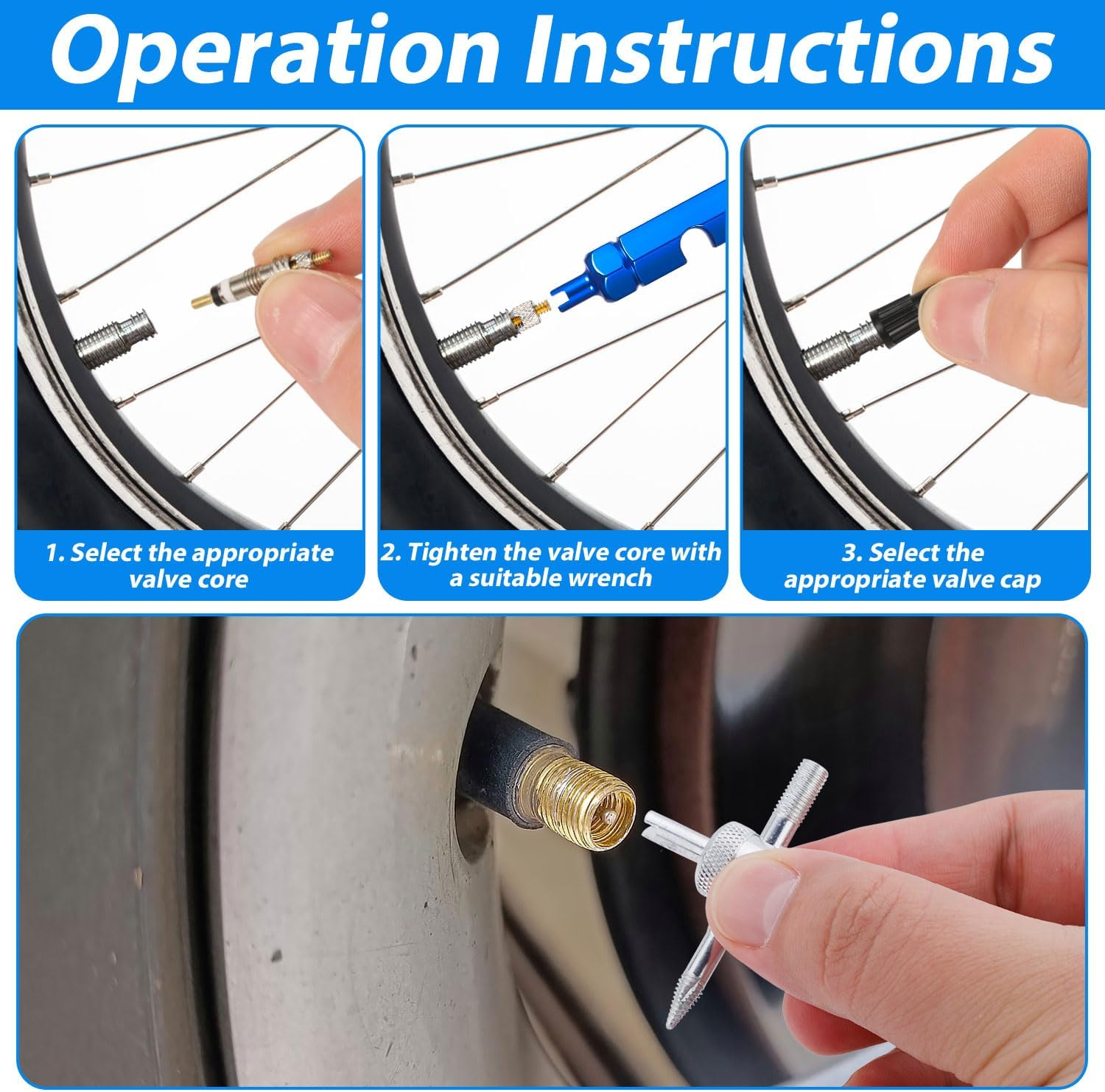 Valve Core Repair Kit, Reliable Valve Core Bike Replacement Kit with 4Pcs Valve Caps and 4Pcs Valve Cores Wrench for Presta & Schrader Valve image number 5