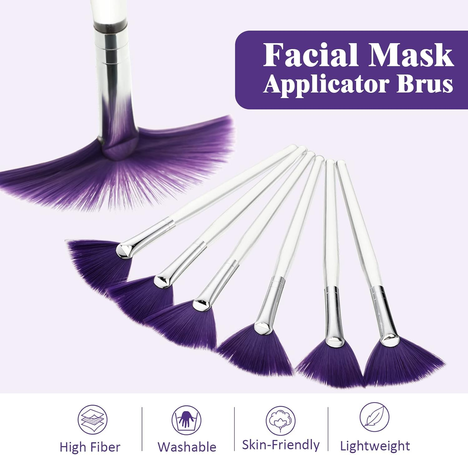 Maitys 6 Pieces Fan Mask Brushes Soft Fan Facial Mask Applicator Tools Brush Makeup Brushes Cosmetic Tools with Handle for Makeup Women(Purple Hair) image number 6