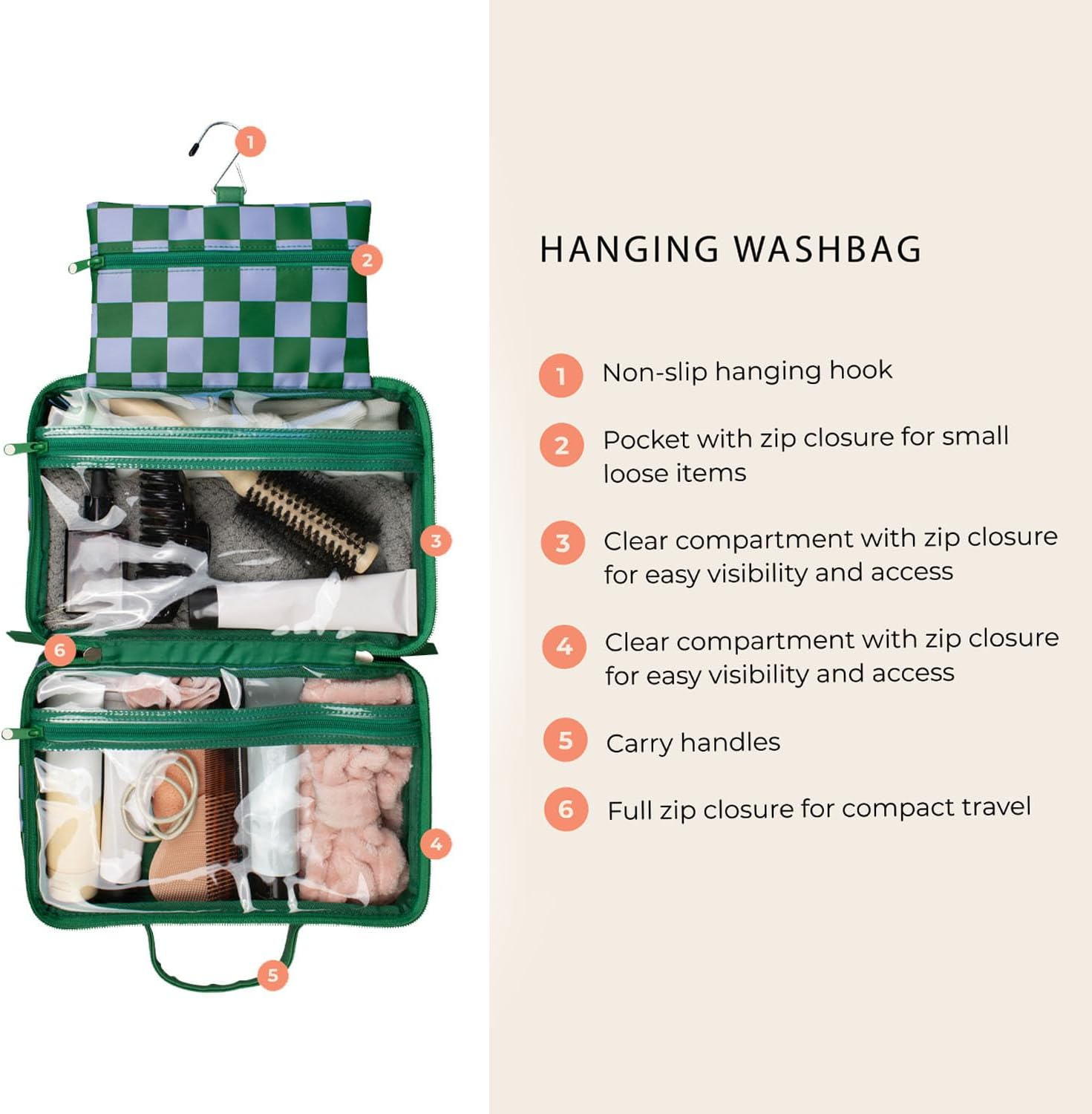 Tender Love + Carry Ultimate Travel Bag Collection - Stylish & Functional Organizers for Every Journey, Green Gambit, Hanging Washbag, Green Gambit image number 5