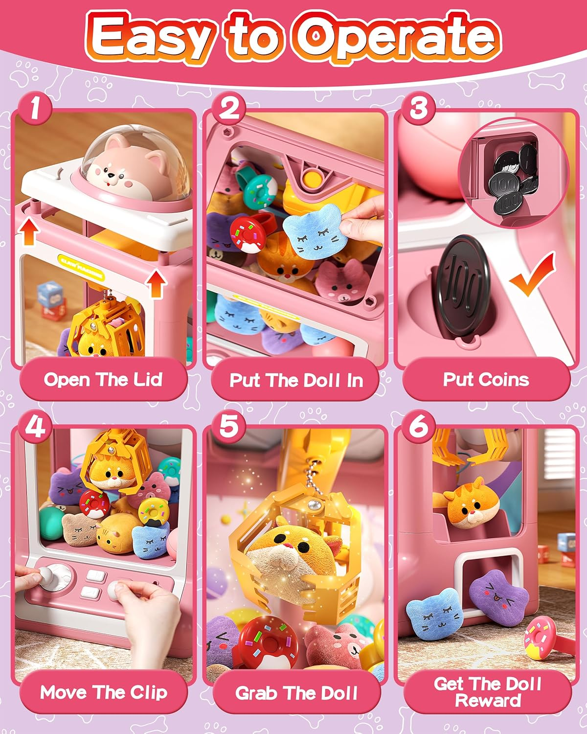 Claw Machine for Kids, Mini Vending Machine with Game Coins & Music, Prize Dispenser Toys for Girls and Boys, Electronic Claw Game Machine for Party Birthdays, Includes 35 Mini Toys (Doggy Pink) image number 6