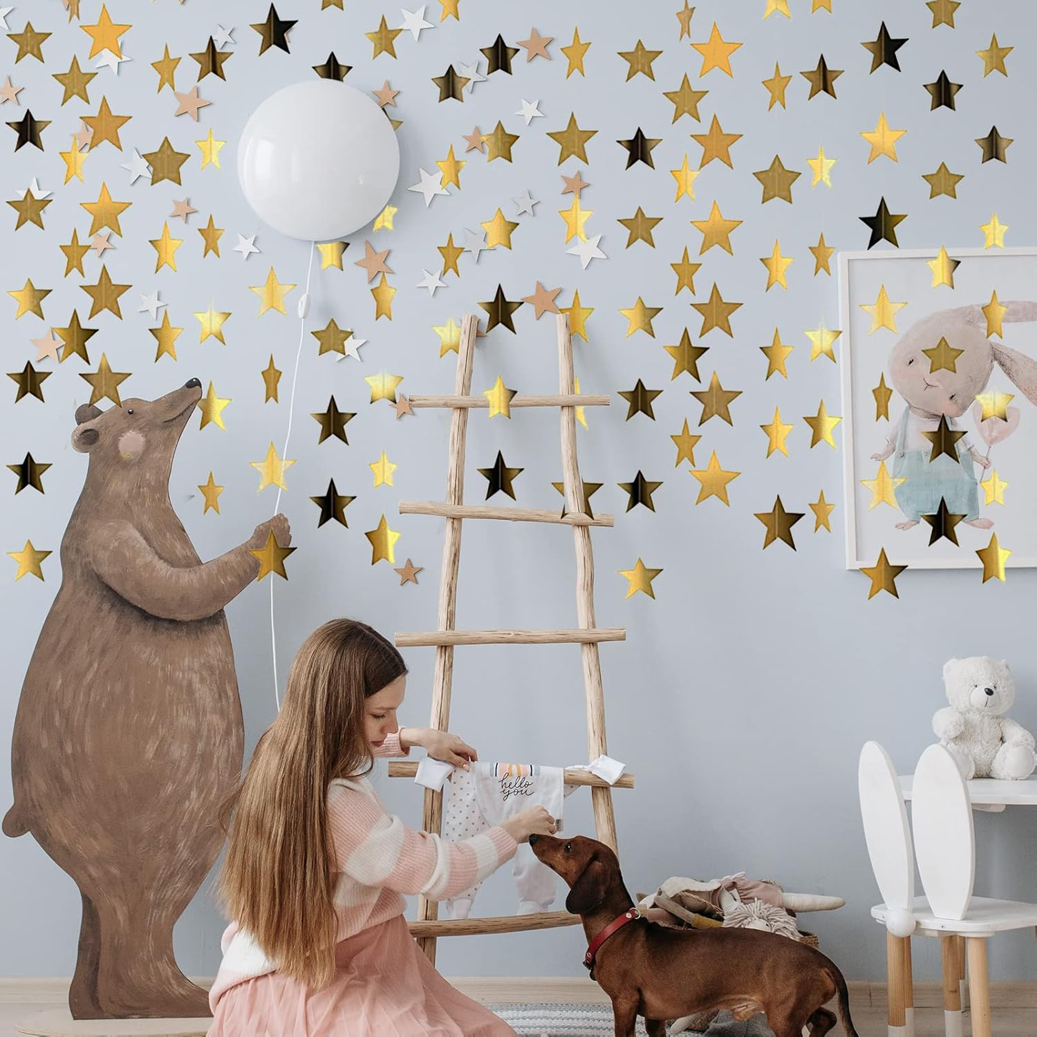 52 Feet Reflective Star Paper Garland, Sparkling Star Bunting Banner Hanging Decoration Twinkle Little Stars Party Garlands Glitter Stars Garland Streamer Kit for Birthday Wedding Banner Backdrop,Gold image number 6