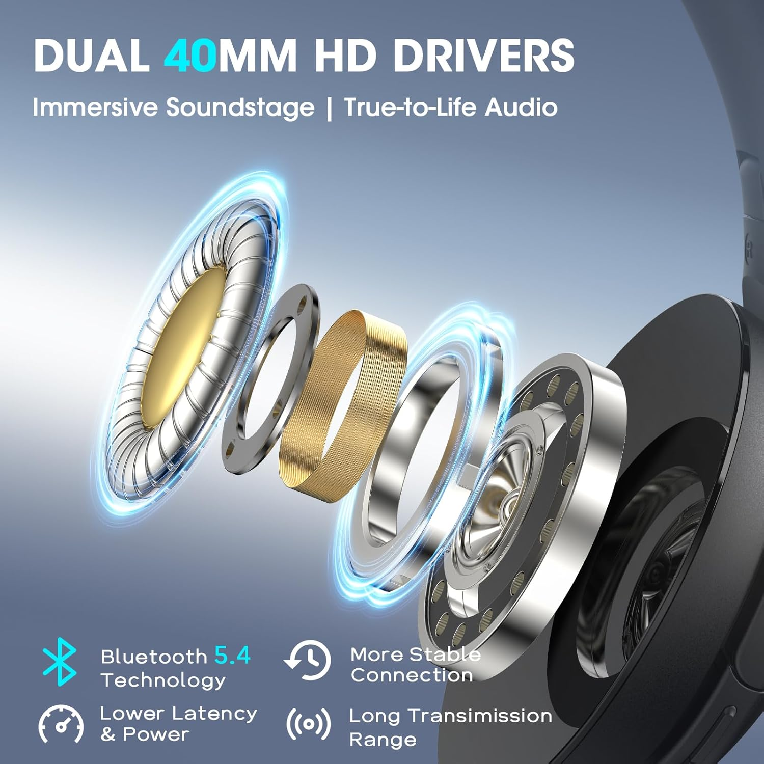 DOQAUS Bluetooth Headphones Over-Ear [Up to 90 Hours] Headphones Wireless Bluetooth with 3 EQ Modes, Hifi Stereo Foldable Bluetooth 5.3 Wireless Headphones for Travel/Office/Mobile Phone/Pc Black image number 1