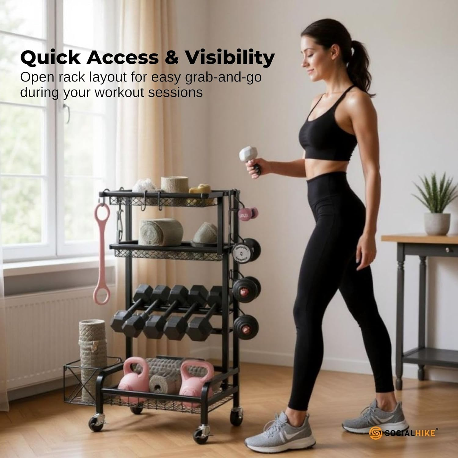 Social Hike Gym Equipment Storage Rack on Wheels - Dumbbells Weights Organiser image number 6
