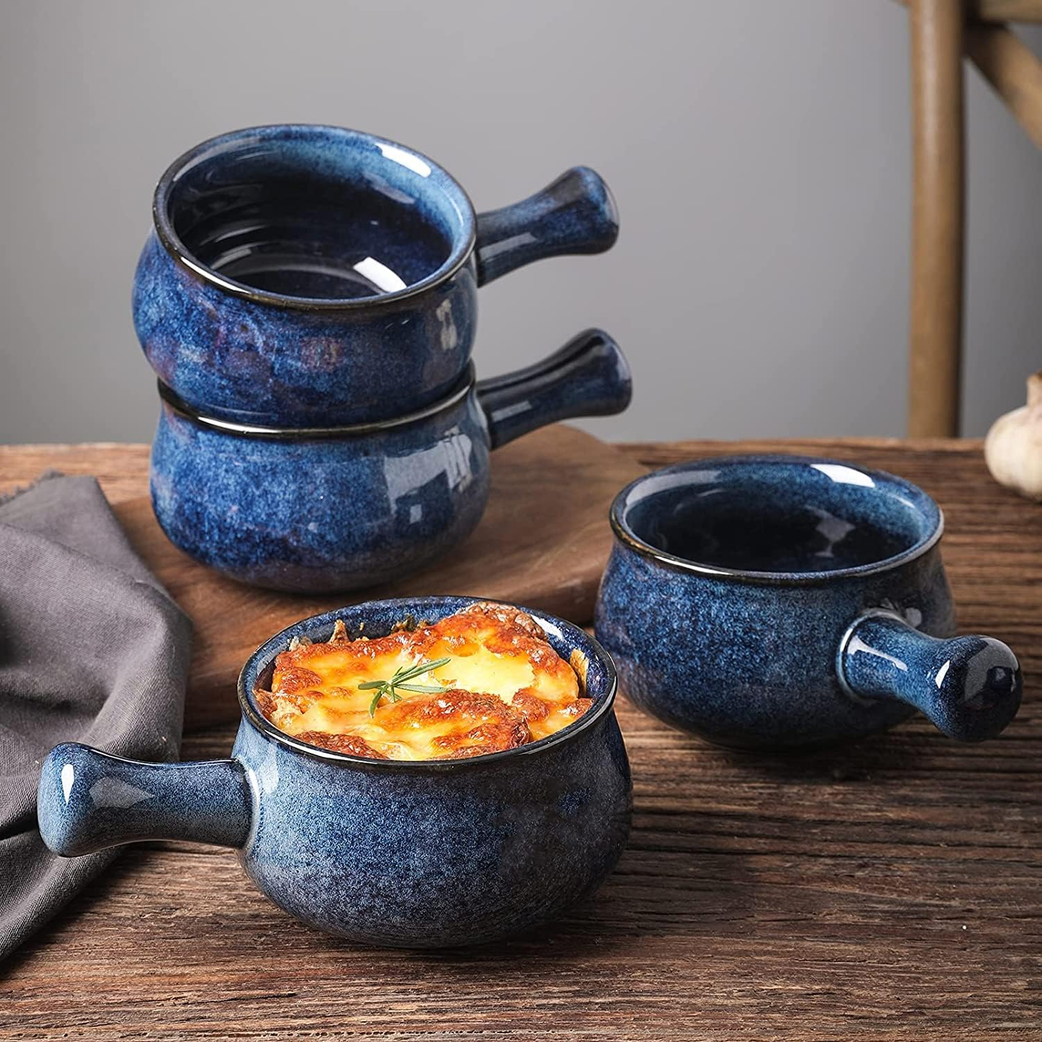 Vicrays French Onion Soup Bowls with Handles, 26 Ounce for Soup, Chili, Beef Stew, Chip Resistant, Dishwasher Microwave Safe, Set of 4 (Blue) - Blue image number 6