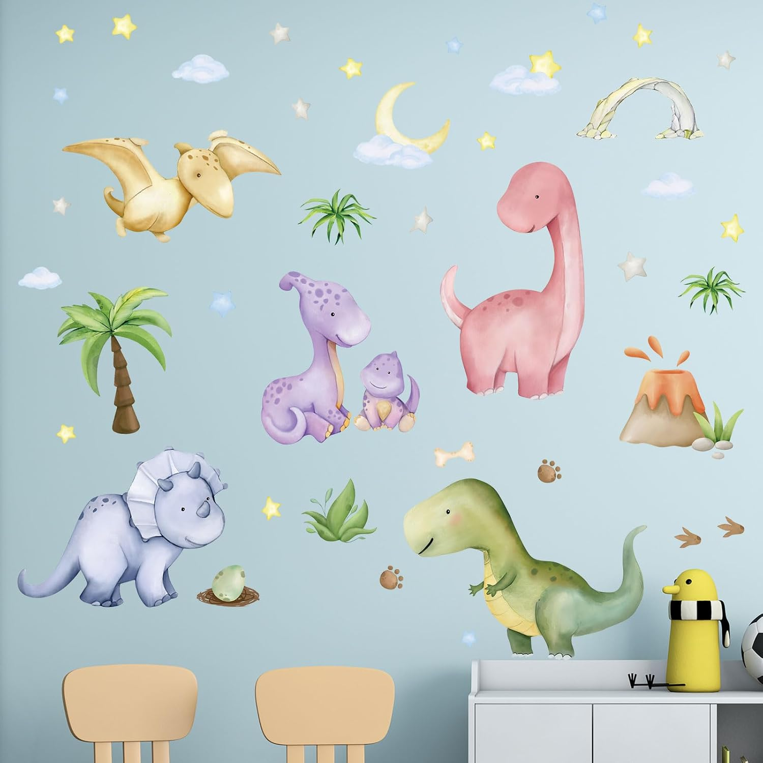 Amimagen Dinosaur Wall Decals - Volcano Cave Dino Eggs Leaf Palm Tree Wall Stickers - Nursery Kids Baby Boys Room Daycare Playroom Classroom Wall Decor