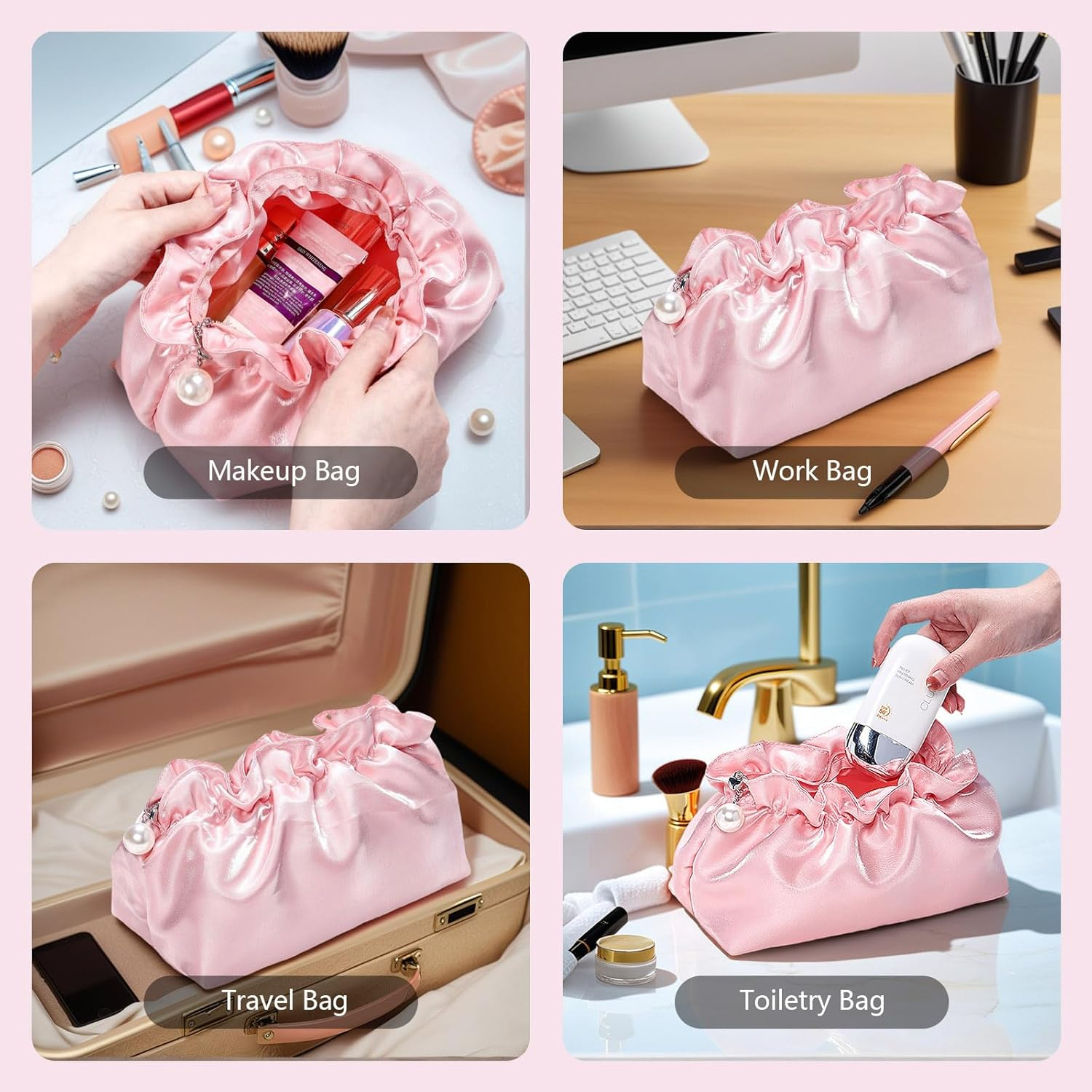 Zaciea Wrinkled Cosmetic Makeup Pouch Bag, Travel Toiletry Bag for Women (Pink) - White image number 3