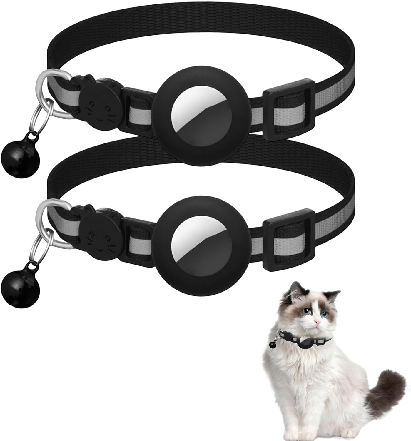 Cat Collar Airtag, 2 Pcs Airtag Cat Collar, Breakaway Air Tag Cats Collars, Reflective Kitten Collar with Apple Holder and Bell for Girl Boy Cats Dogs, Lightweight without Locator (Black) image number 4