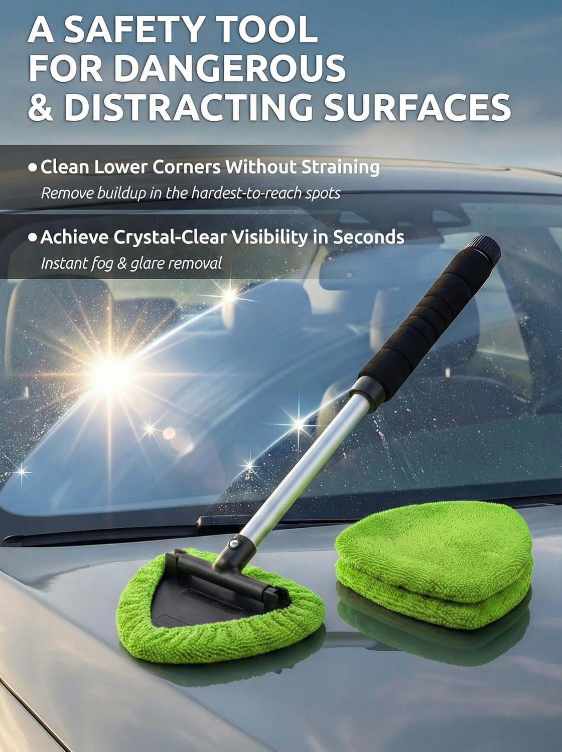 TAKAVU Car Window Cleaning Tool, Windshield Wiper Cleaner with Extendable Long-Reach Handle, 3 Washable Reusable Microfiber Bonnets, Car & Home inside Interior Exterior Use - Lint Free (Green)