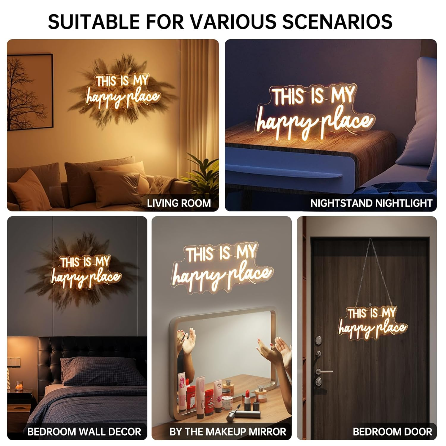 Neon Lights for Wall Decor - This Is My Happy Place Neon Signs for Teen Girls Bedroom Decor, Led Sign for Wall Decor, Nightstand Light, Dimmable Switch USB Power, Adhesive Hook Included