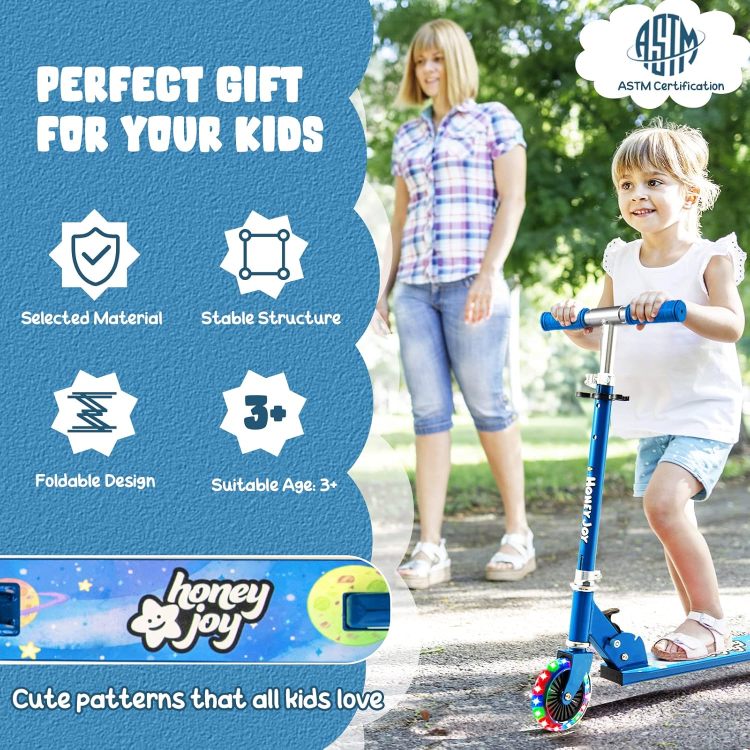 HONEY JOY Kids Folding Kick Scooter, Scooter for Toddlers W/3 Adjustable Heights, 2 Light up Flashing Wheels & Rear Brake System, Portable Aluminum Alloy Scooter for Girls Boys over 3 Years Old image number 2