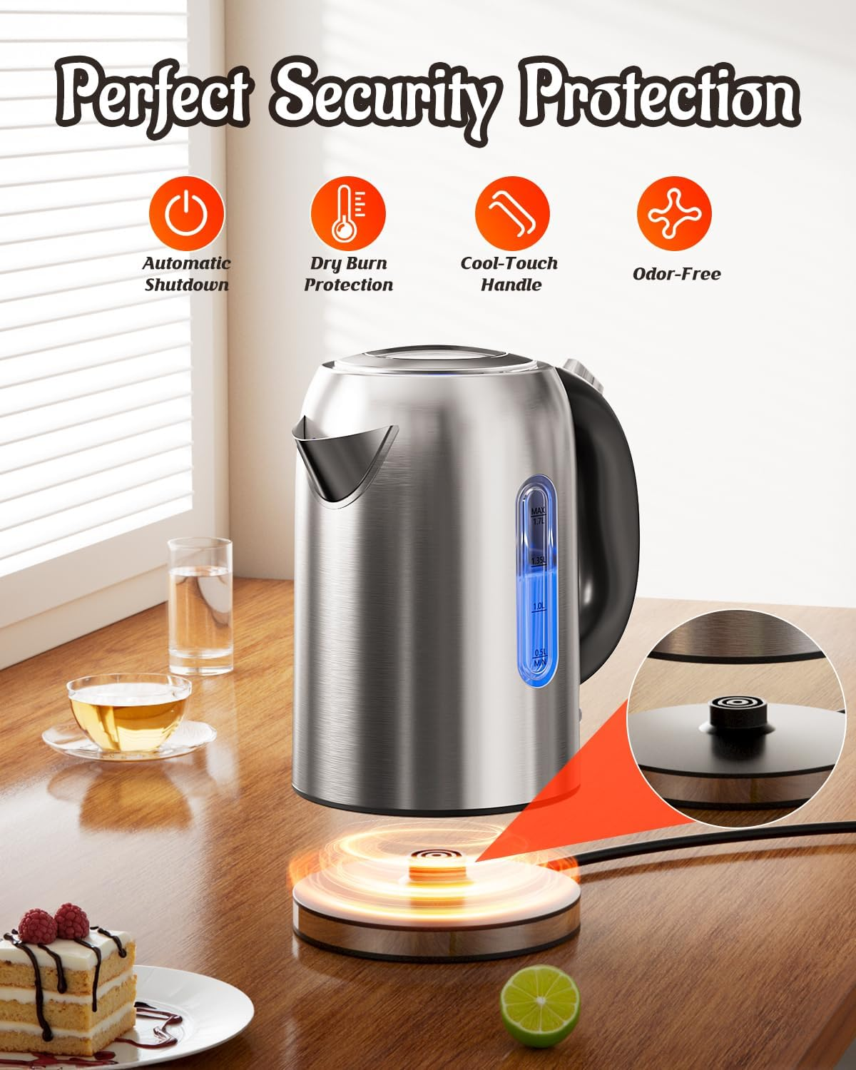 Billord Electric Kettle - 2200W Stainless Steel Kettle with No Plastic Filter & Spout, 1.7L Fast Boiling Water Kettles for Coffee & Tea with Detachable Base, Auto Shut-Off, Boil-Dry Protection image number 4