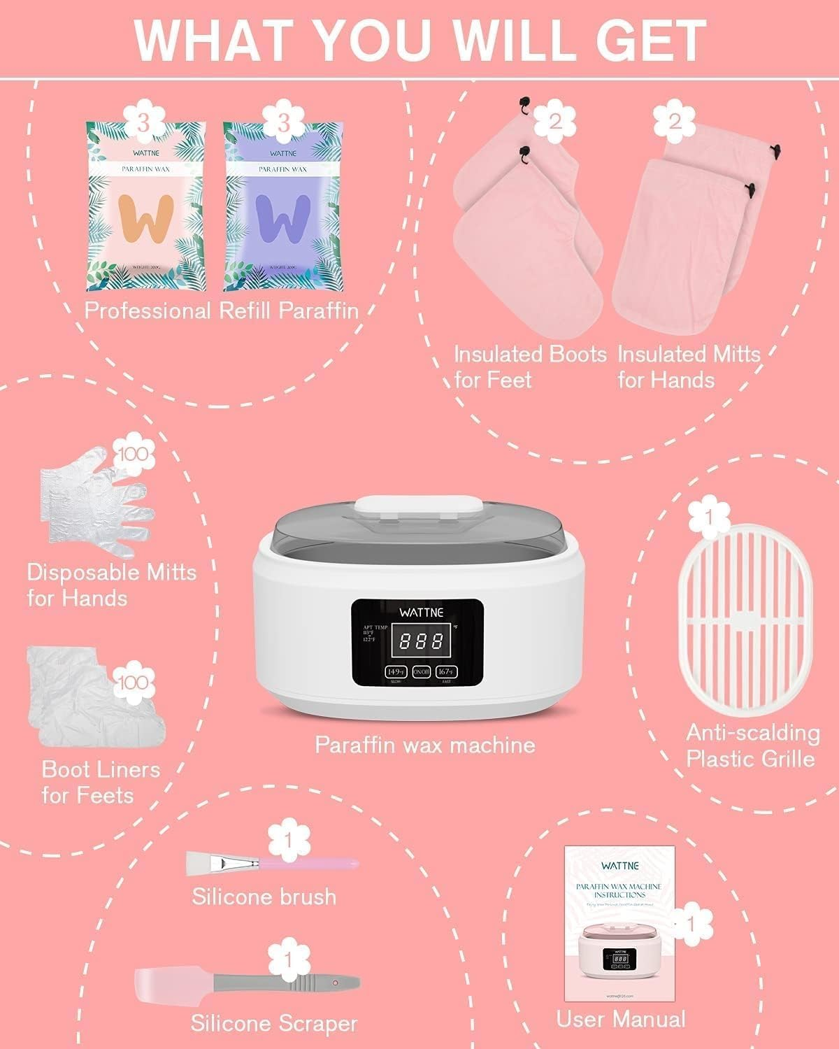 Wattne Paraffin Wax Machine for Hand and Feet -Paraffin Wax Warmer Moisturizing Kit Auto-Time and Keep Warm Paraffin Hand Wax Machine for Arthritis (White) image number 5