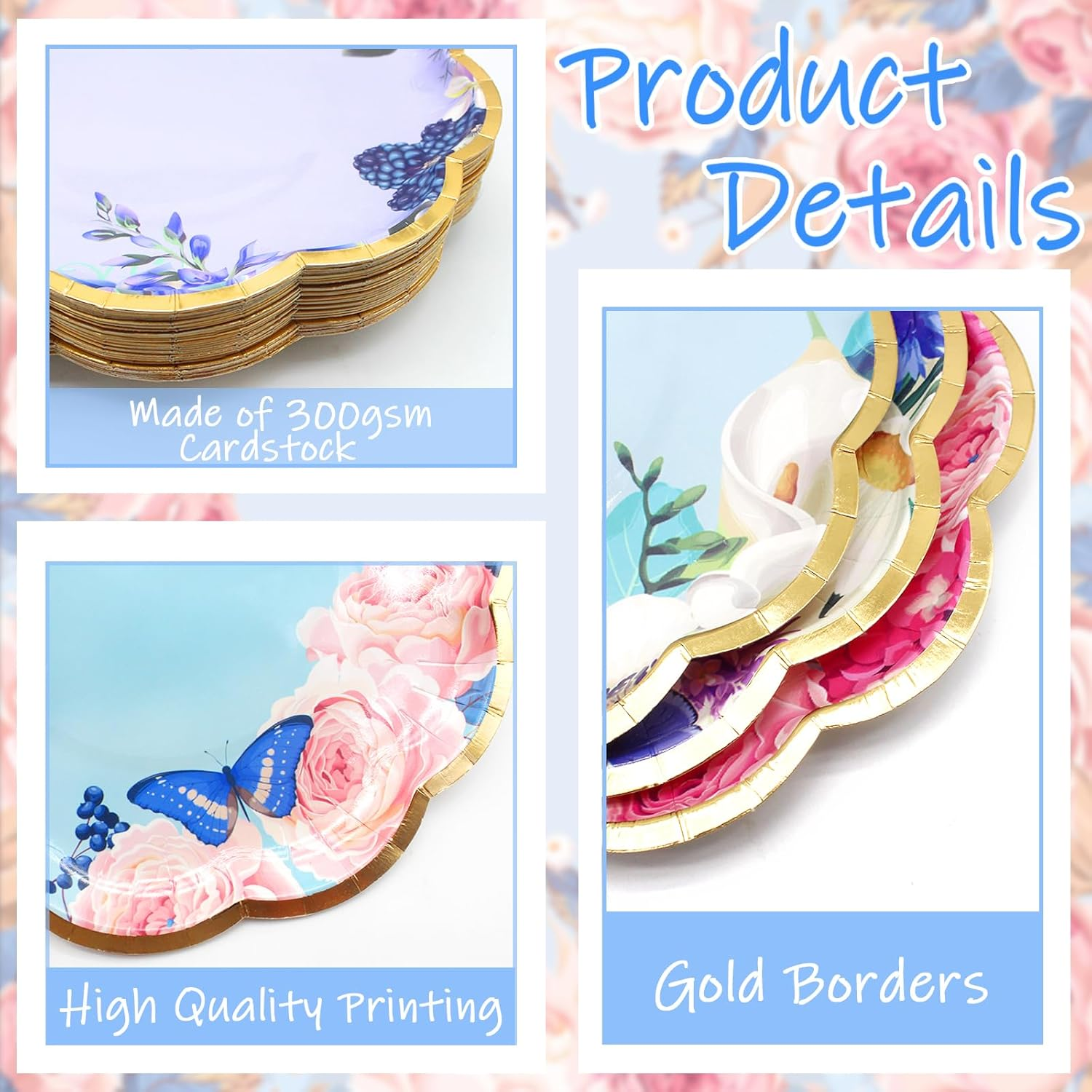 Benvo 60 Pack Floral Paper Plates 9 Inch Flower Dessert Plates Sparkle Disposable Plates for Tea Party Garden Party Baby Shower Bridal Shower Birthday Wedding Decorations(6 Assorted Styles) image number 2