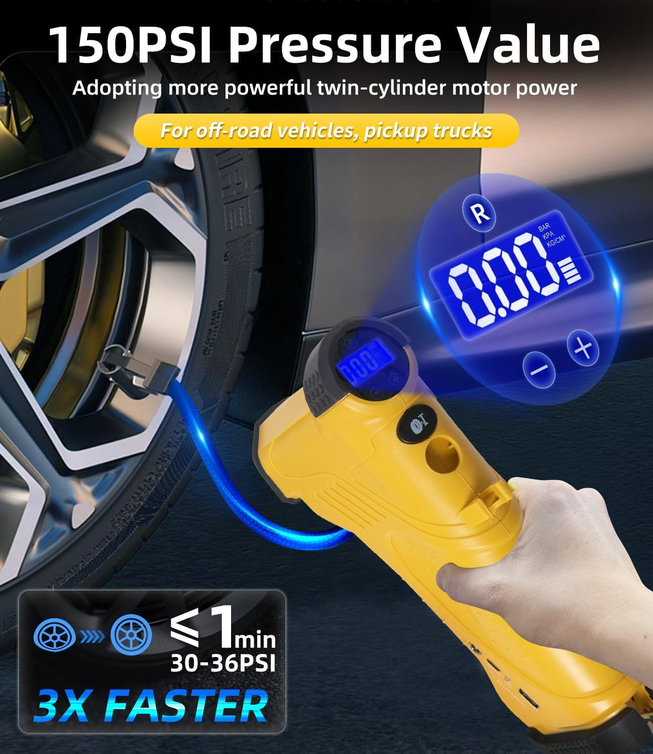 150PSI Tyre Inflator Portable Air Compressor,12V/20V Dual Power Inputs and USB Output, Electric Pump for Car, off Road, Truck, Motorcycle, Ball and More image number 4