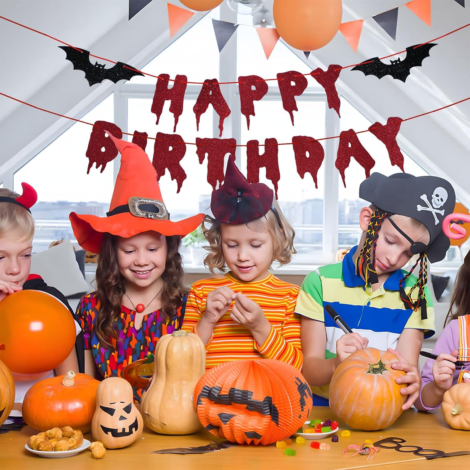 Red Glittery Happy Birthday Halloween Banner - Halloween Hanging Paper Garland Bunting Banner Bloody Bat Vampire Decorations, Photo Backdrop for Wall Home Mantle Office Wall Scary Party Supplies image number 4