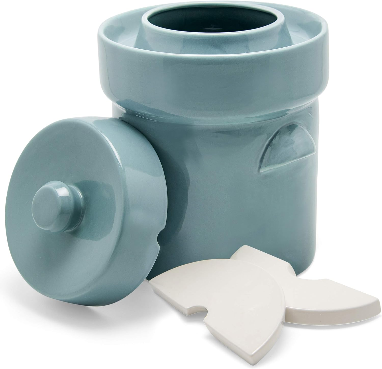 Fermentation Crock Jar Sauerkraut Crock - Onggi Kimchi Pot 2L (0.5 Gallon) Ceramic Fermenting Crock with Glazed Weights for Fresh Chinese Pickle, Kimchi & Kombucha - Stoneware Pickling Crock