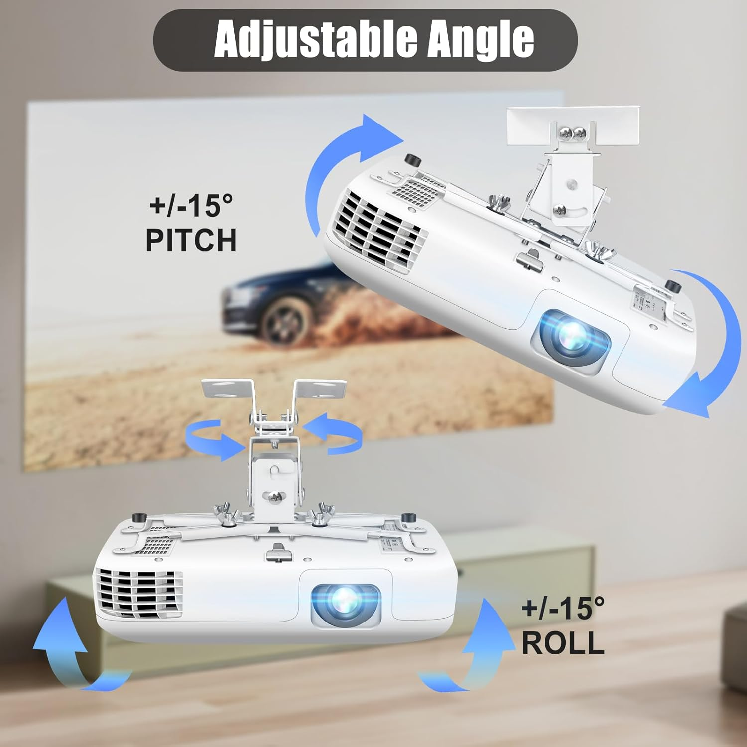 2-Be-Best Projector Ceiling Mount Wide Pipe Universal 3-In-1 Projector Wall Mount Bracket with Adjustable Arm, Flush Mount Option, Built-In Cable Management for Office Home White image number 2