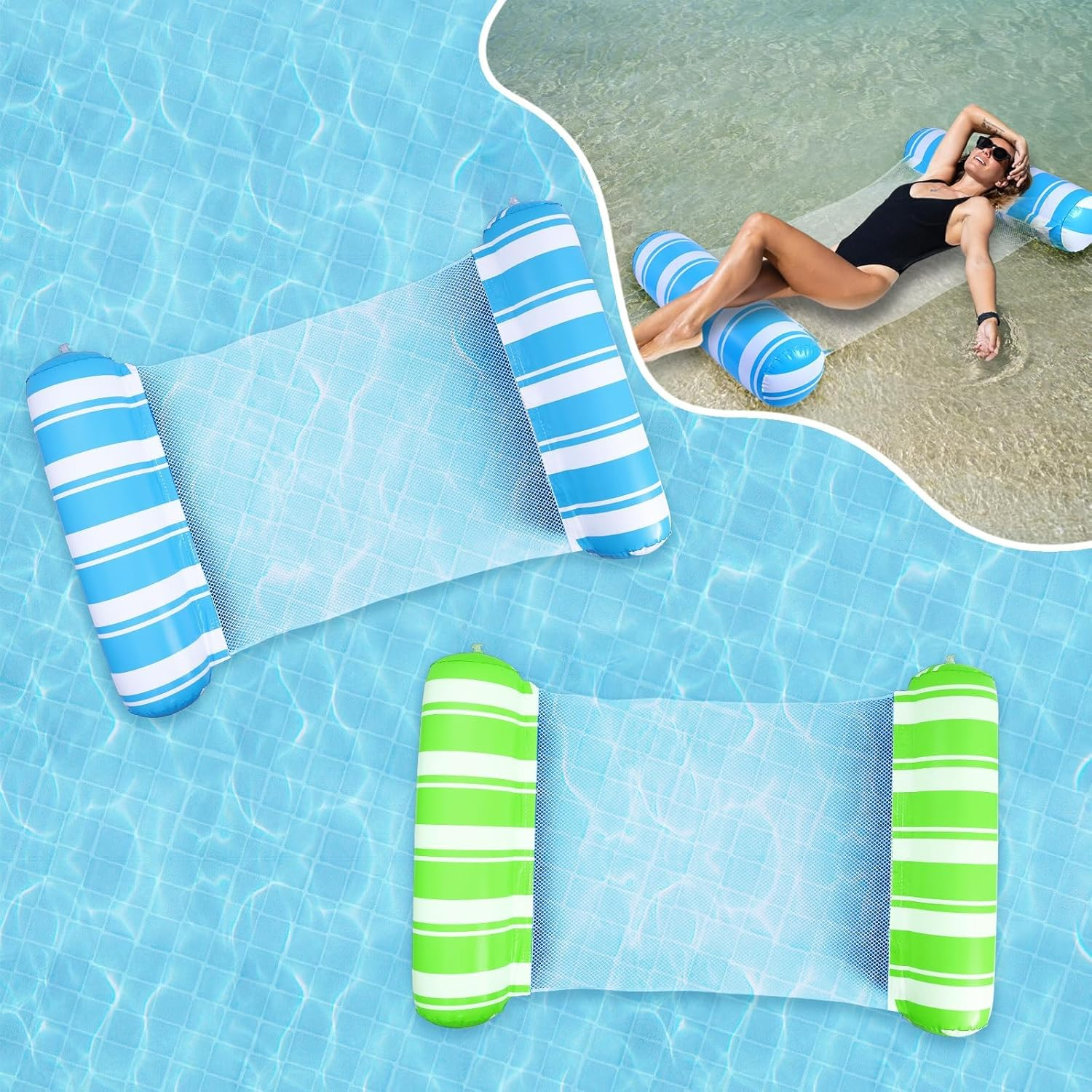 2 Pack Inflatable Pool Floats 4-In-1 Pool Hammock with Bottom Mesh 3 Tubes Inflatable Hammock for Adults,Portable Floating Chair Bed for Travel, Swimming Pool Hot Tub image number 3