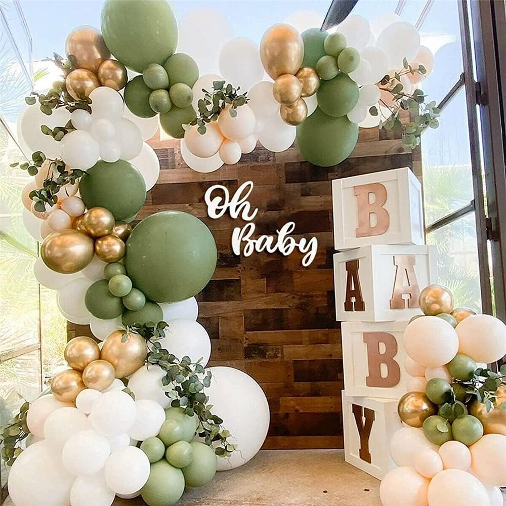 LDFWAYAU Olive Green Balloon Garland Arch Kit DIY Party Decorations White Gold Confetti Sage Green and Gold Meatllic Chorme Latex Balloons Set for Baby Shower Wedding Party (Green1)