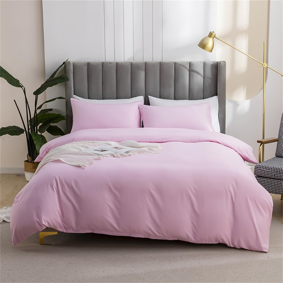 Solid Color Duvet Cover Set, 3 Pcs Doona Cover Set Microfiber Bedding Set for Teens Kids Adult, Lightweight Durable Reversible (Pink, Quilt Cover Set - Double) image number 6