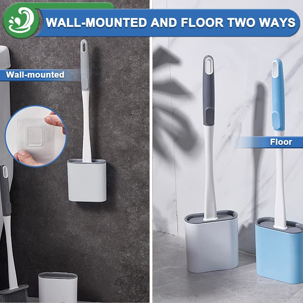 XUXRUS Silicone Toilet Brush with Quick Drying Holder Set -2Pack, Bathroom Toilet Brushes Set with No-Slip Silicone Handle & Anti-Drip Base (Flooring/Wall Mounted) -White image number 5